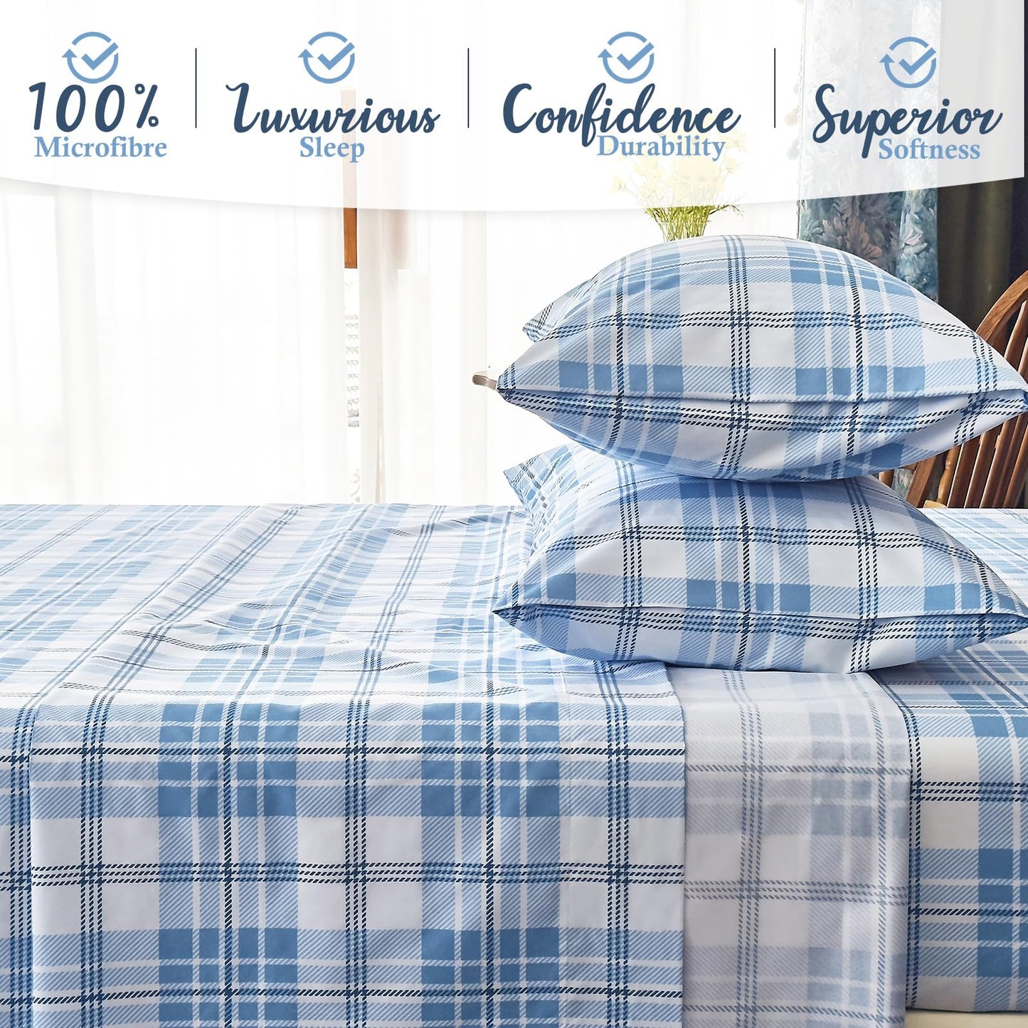 MICORAL Queen Sheet Set Plaid Patten, 4-Piece Printed Bed Sheets, 16" Deep Pocket, Ultra Soft & Cooling Sheet, Oeko-TEX Certified, Plaid Light Blue