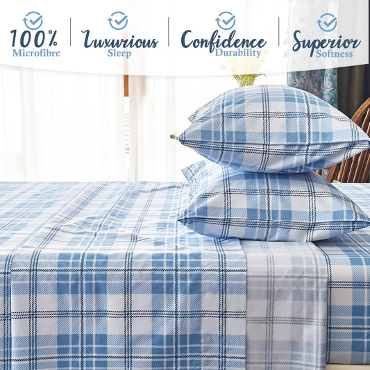 MICORAL Queen Sheet Set Plaid Patten, 4-Piece Printed Bed Sheets, 16" Deep Pocket, Ultra Soft & Cooling Sheet, Oeko-TEX Certified, Plaid Light Blue