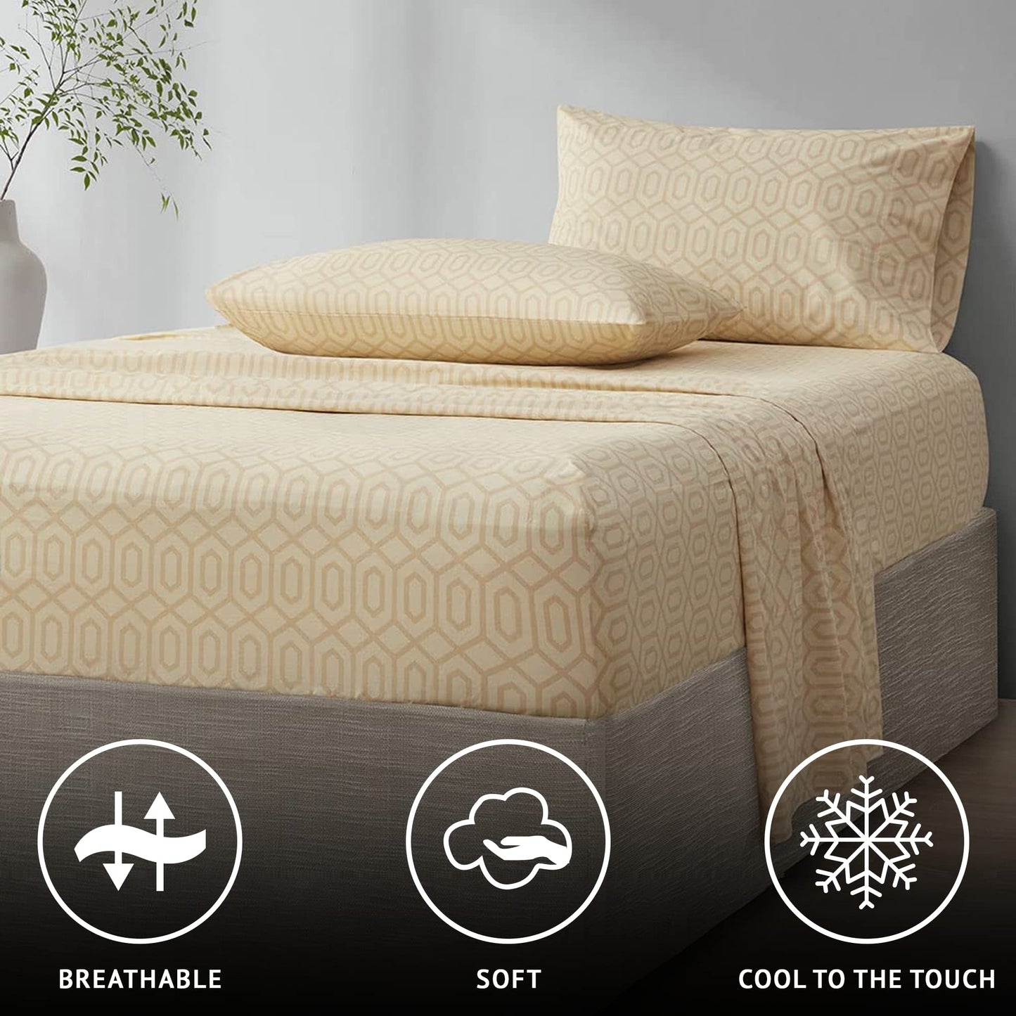 Comfort Spaces 100% Cotton Sheet Set Breathable, Lightweight, Soft with 14" Elastic Pocket Fits up to 16" Mattress, All Season Cozy Bedding, Matching Pillow Case, King Diamond Tan 4 Piece