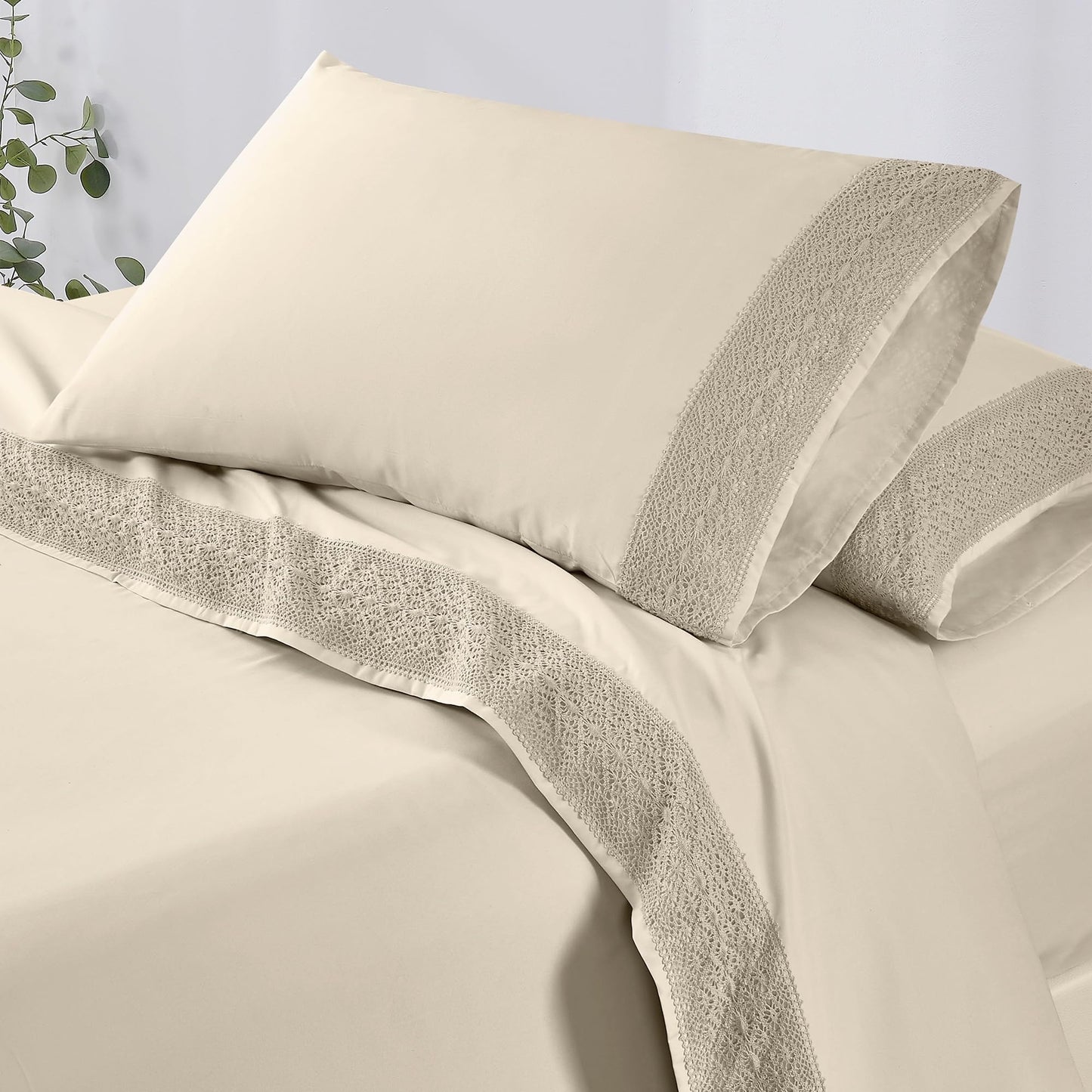 Modern Threads 4 Piece Microfiber Sheet Set – Soft Cooling Bed Sheets with Crochet Lace – Deep Pocket, Wrinkle Free, Breathable, Hotel Luxury Bedding, Beige, Queen