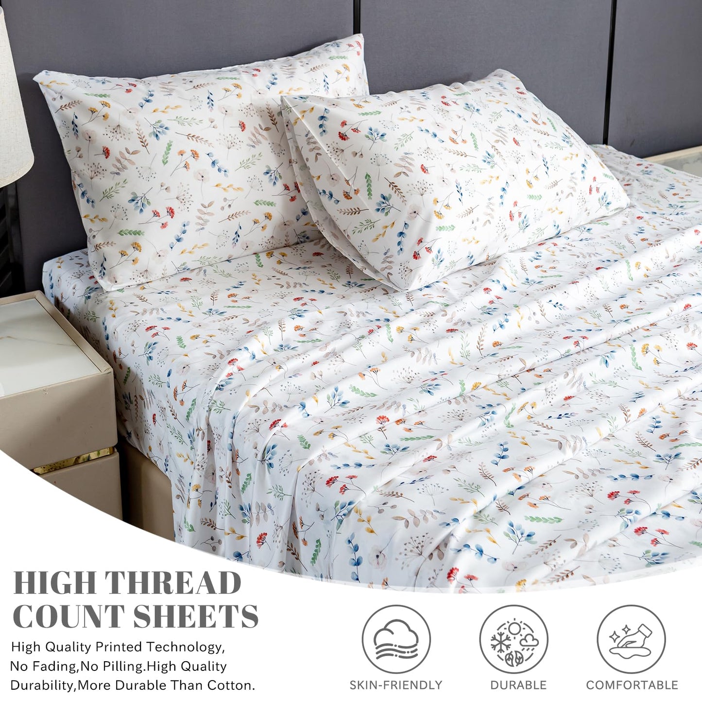 Bedlifes King Sheet Set Ultra Soft, Breathable, Silky Flower Deep Pocket 100% Microfiber Bedding, 4 Piece King Size White Floral