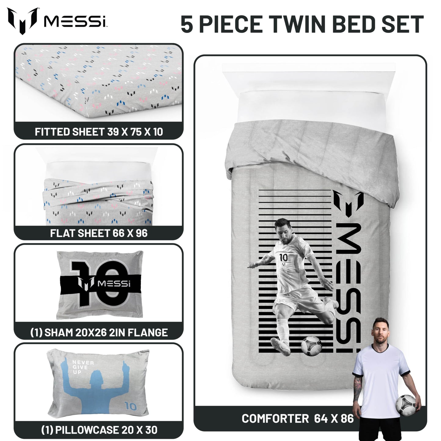 Jay Franco Kids Comforter Set Includes Sheets and Pillow Cover - Soft and Cozy Bed Set for Stylish Room Décor, Grey - Messi, 5 Piece Twin