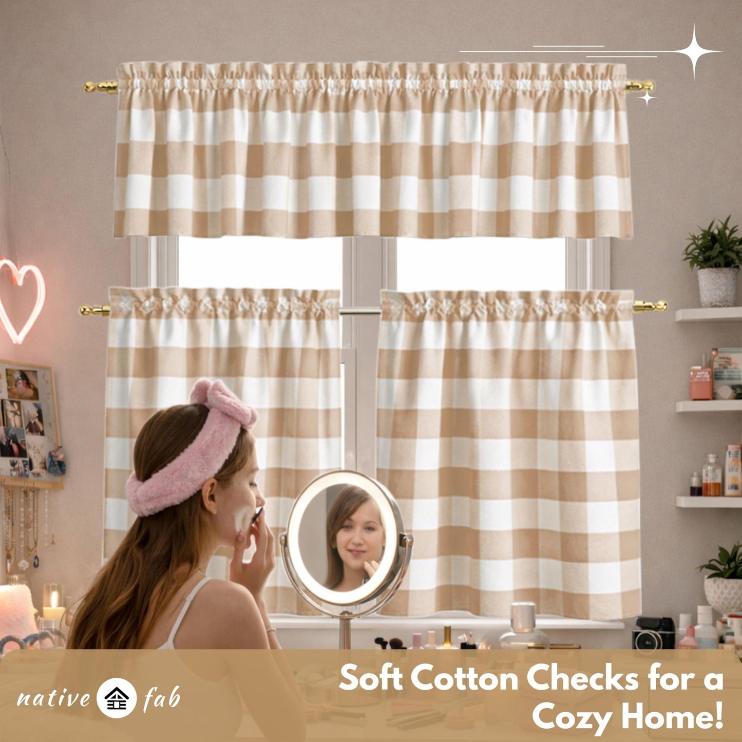 Native Fab Beige Buffalo Check Window Curtains, 3 Piece Cotton Tier and Valance Set, 2 Tiers 26x36 Inch and Valance 54x18 Inch, Rod Pocket Curtains for Living Room, Bedroom, Kitchen, Beige White