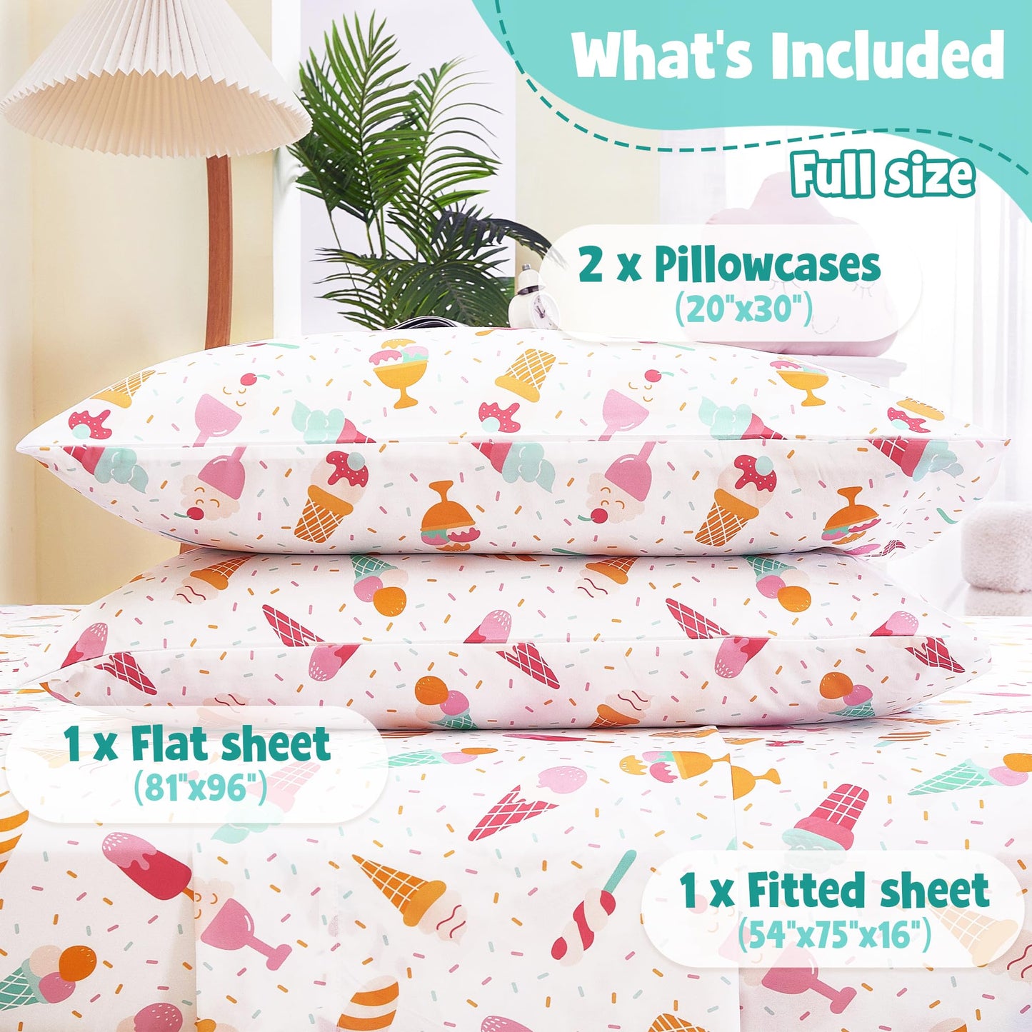 CozySmile Full Sheet Set Kids,4 Pieces Breathable Soft Microfiber Bedsheets for Child Girls, Oeko-TEX, Anti Pilling Deep Pockets Easy Care Bed Sheets, Ice crea