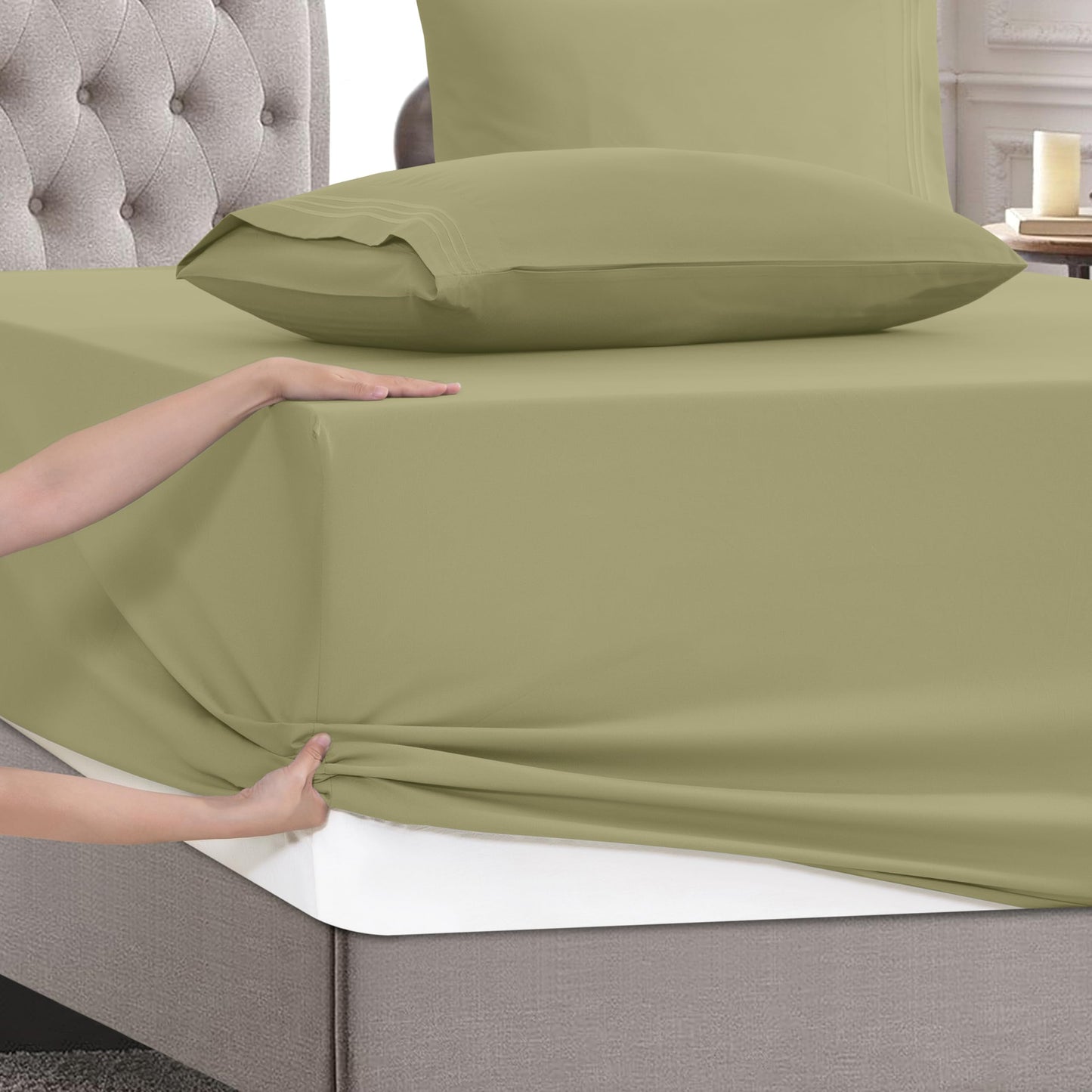 Mocassi Full Size 4-Piece Bed Sheet Set - 1800 Premium Hotel Quality Microfiber 18-24 Inches Extra Deep Pocket Fitted Sheet- Luxury Soft, Breathable, Wrinkle, and Fade Resistant, Sage Green
