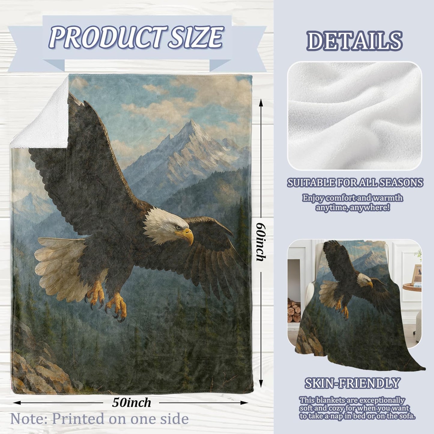 Majestic Bald Eagle Blanket, 60 x 50 Inch Flannel Mountain Flight Throw Blanket, Gifts for Women Men Boys Adults Kids, Lightweight Cozy Warm Blankets for Sofa Travel Home Decor