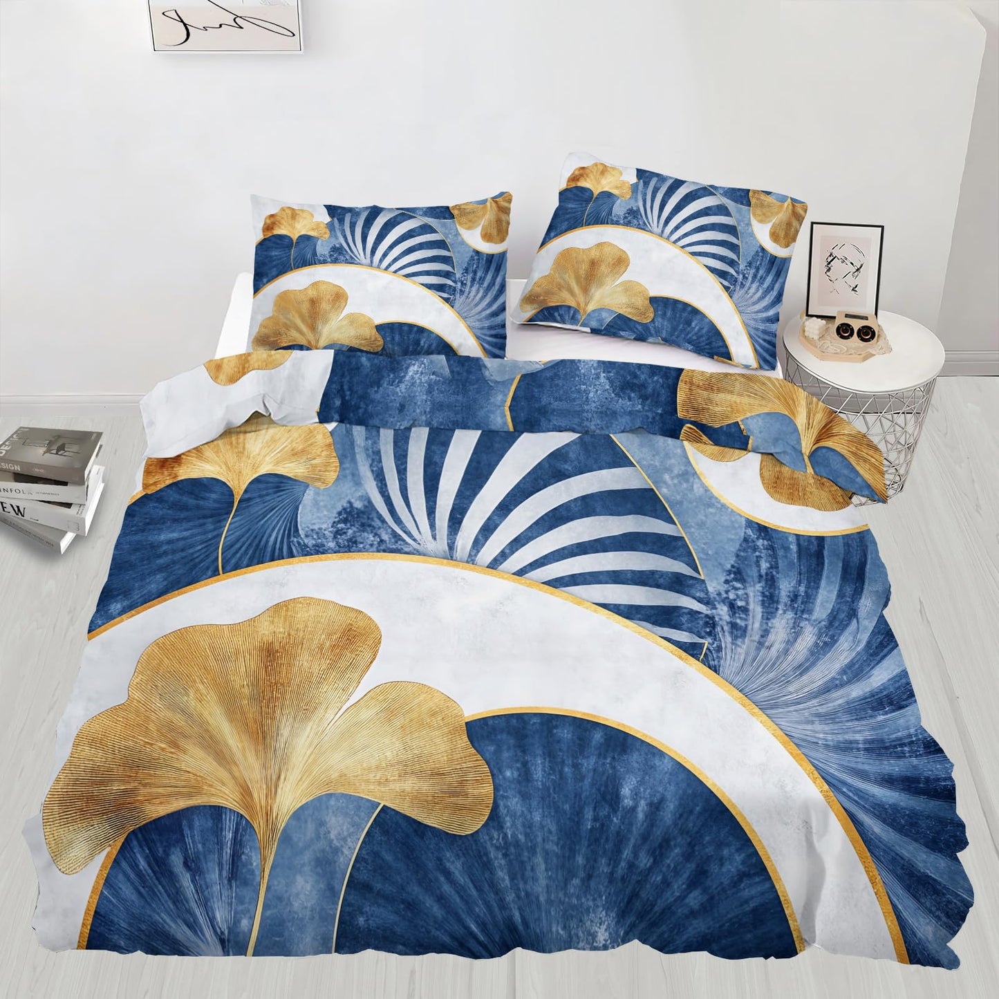 GKPLY Ginkgo Leaves Bedding Sets Full, Blue and Gold Comforter Cover, Elegant Botanical Duvet Cover & Bedroom Decor, Zipper Closure, Reversible Print, Soft Microfiber Bedding Set & 2 Pillow Cases