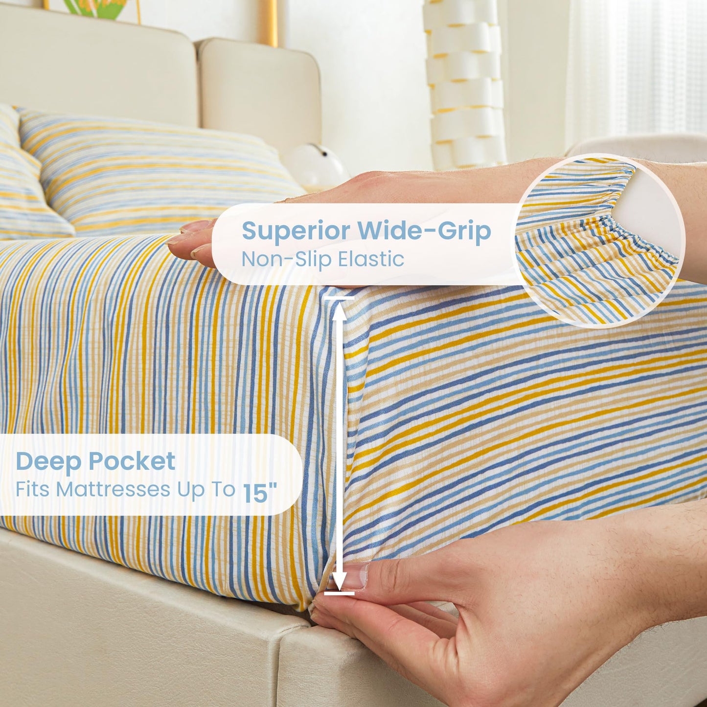 Mooreeke Striped Queen Bed Sheets, Deep Pocket 4 Piece Queen Sheet Set, Soft Microfiber Blue Yellow Pinstripe Bedding Sheets & Pillowcases