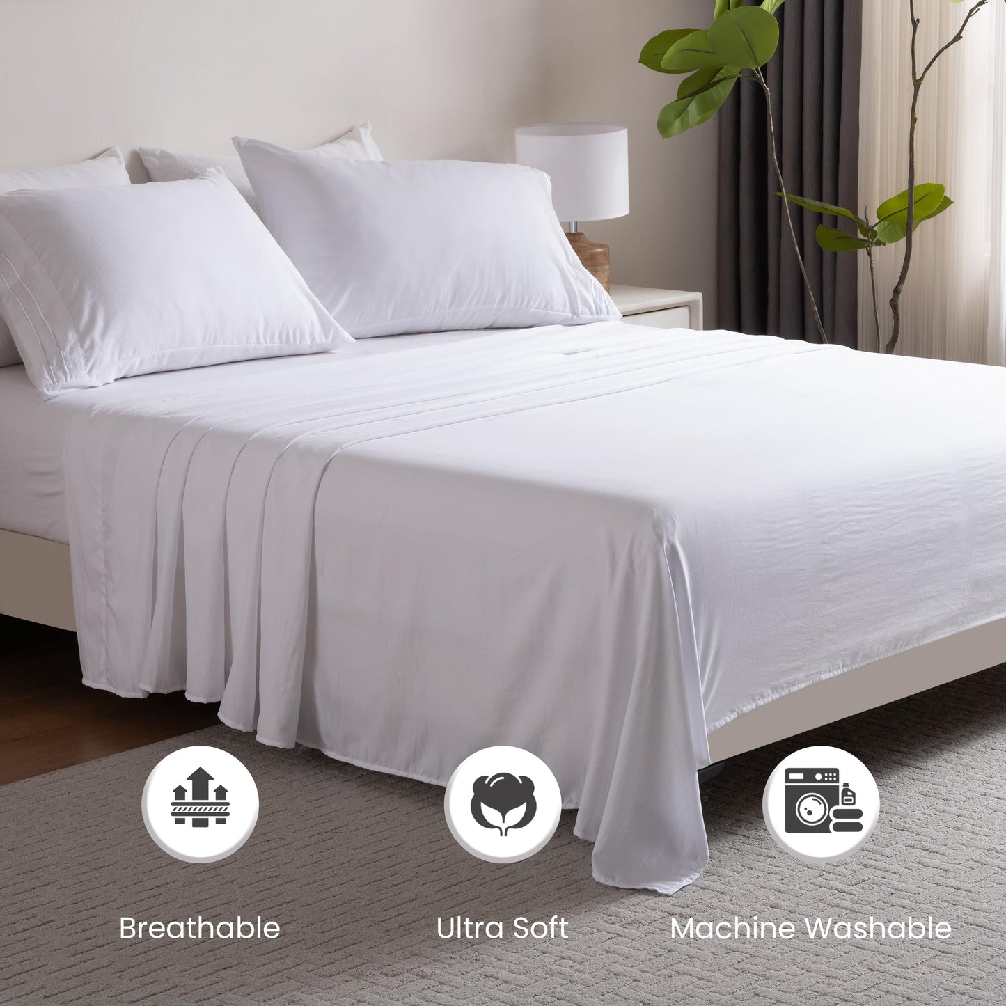 3 Piece Washed Ultra Soft Twin Bed Sheet Set,16inches Deep Pocket White Fitted Sheet Twin Size & Flat Sheet & Pillowcase, Prewashed Brushed Microfiber - Breathable, Fade Resistant,Easy Care