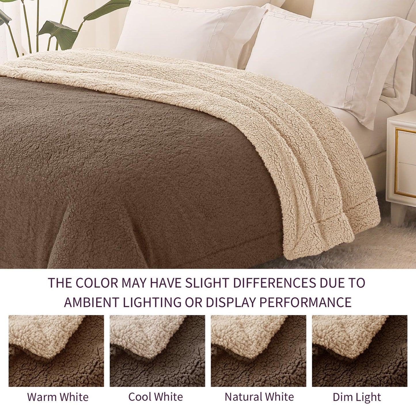 Exclusivo Mezcla Reversible Sherpa Throw Blanket for Couch, Thick and Warm Fleece Blankets for Winter, Soft Plush Fluffy, 50x60 Inches, Brown/Khaki