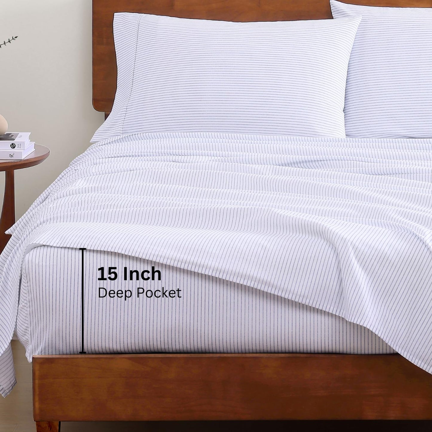 LANE LINEN 100% Organic Cotton Sheet Sets Queen Size, 4Pc Queen Size Cotton Sheets, Hotel Style Sheets, Bedding Sheets & Pillowcases, Queen Sheet Sets Deep Pockets Fits Upto 15" - Blue Ticking Stripe