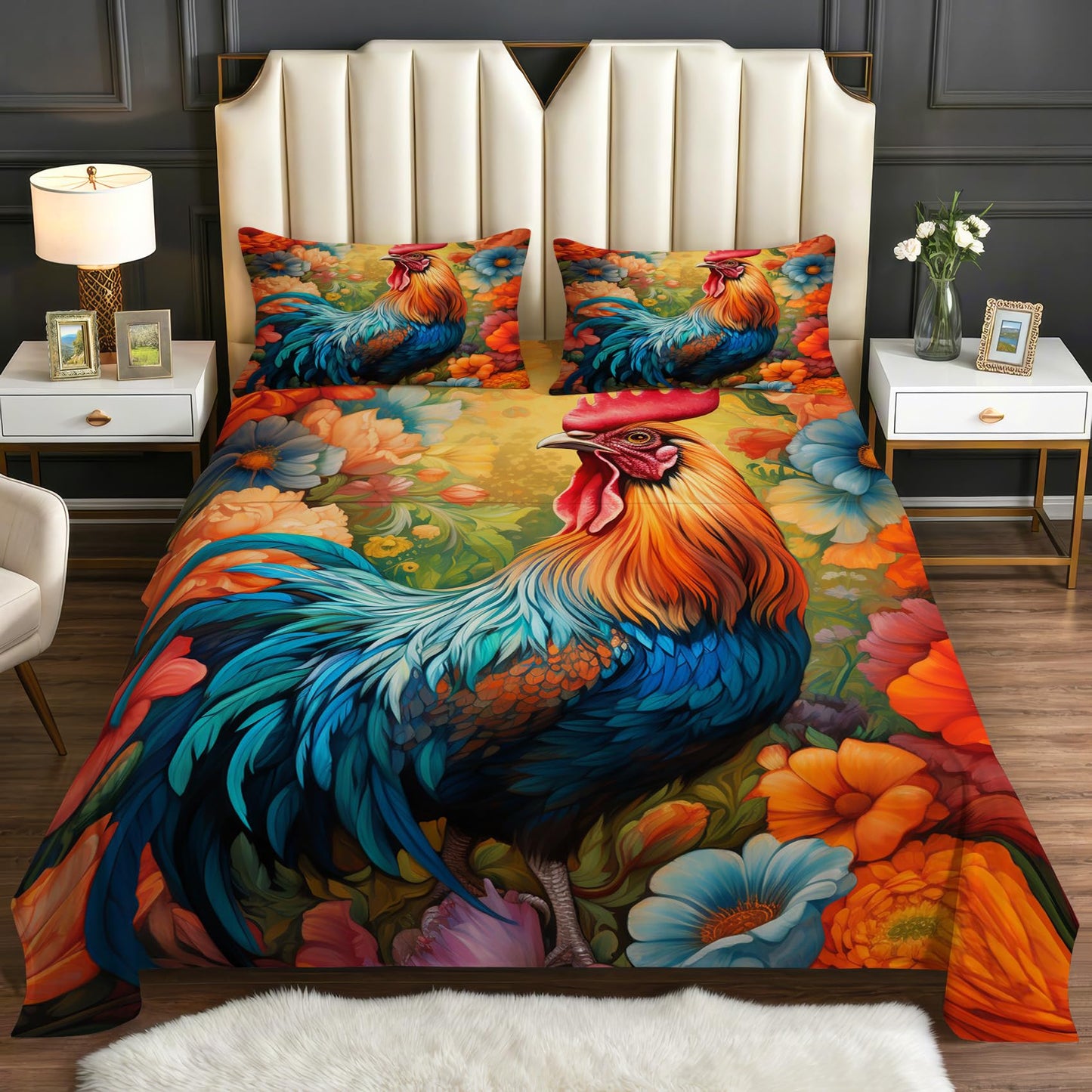 Zoainuos Chicken Sheets King Size Deep Pocket, Rooster Farmhouse Bed Sheet Set, Soft Microfiber Wrinkle Free Bedding Sheets & Pillowcases, Farm Animal Gifts