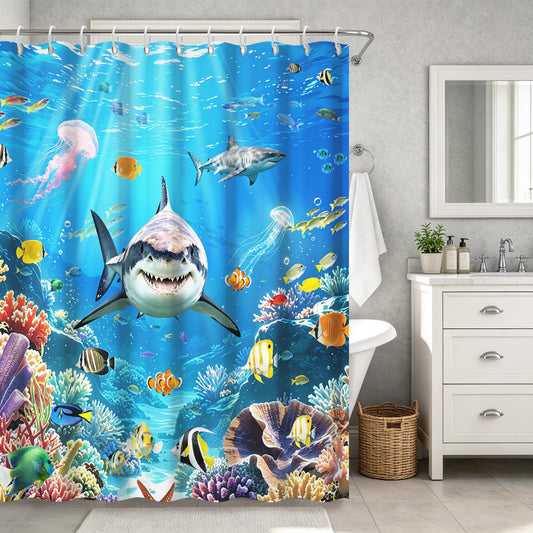 GICDSU Ocean Shark Shower Curtain, Underwater World Marine Life Bath Curtain, Waterproof Polyester Fabric Bathroom Panel with Hooks, Colorful Coral Reef & Tropical Fish Pattern for Kids, 72"×72"