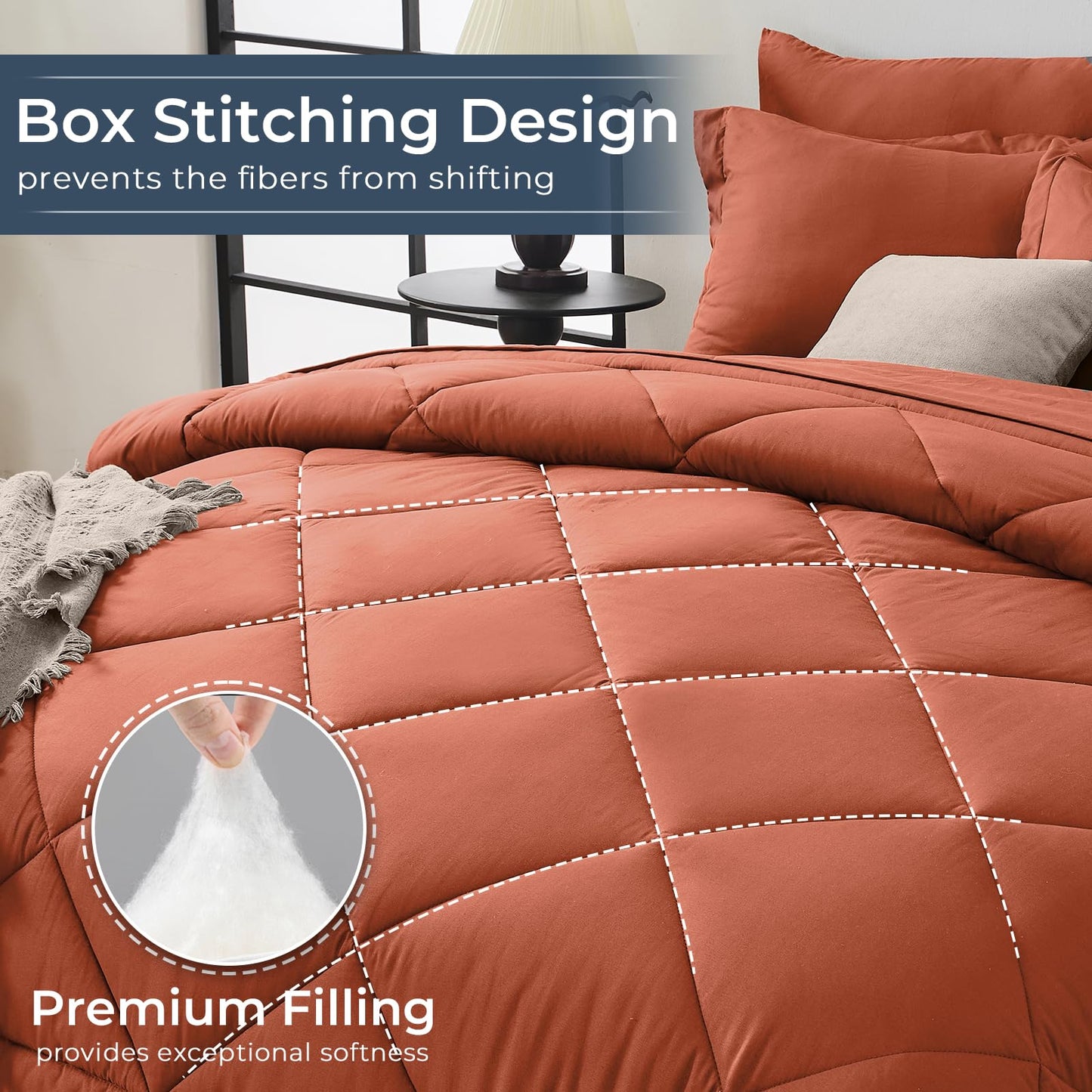 HEVUMYI Burnt Orange Queen Comforter Set - 7-Piece All Season Bed in a Bag Queen, Ultra Soft Bedding Set with Comforter, Flat Sheet, Fitted Sheet, Pillowcases, Pillow Shams
