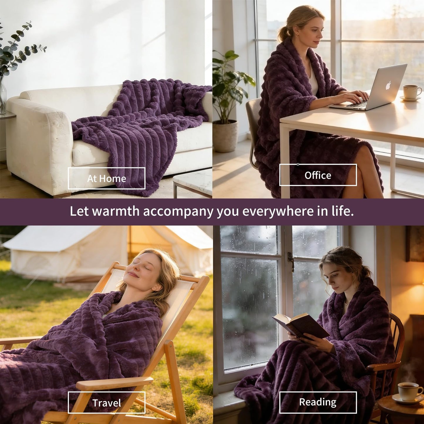 SS-Sunrise Fleece Throw Blanket for Bed 80"x90", Fluffy 3D Ribbed Jacquard Coral Purple Flannel Blanket 330gsm, Soft Plush Blanket for Home Decor