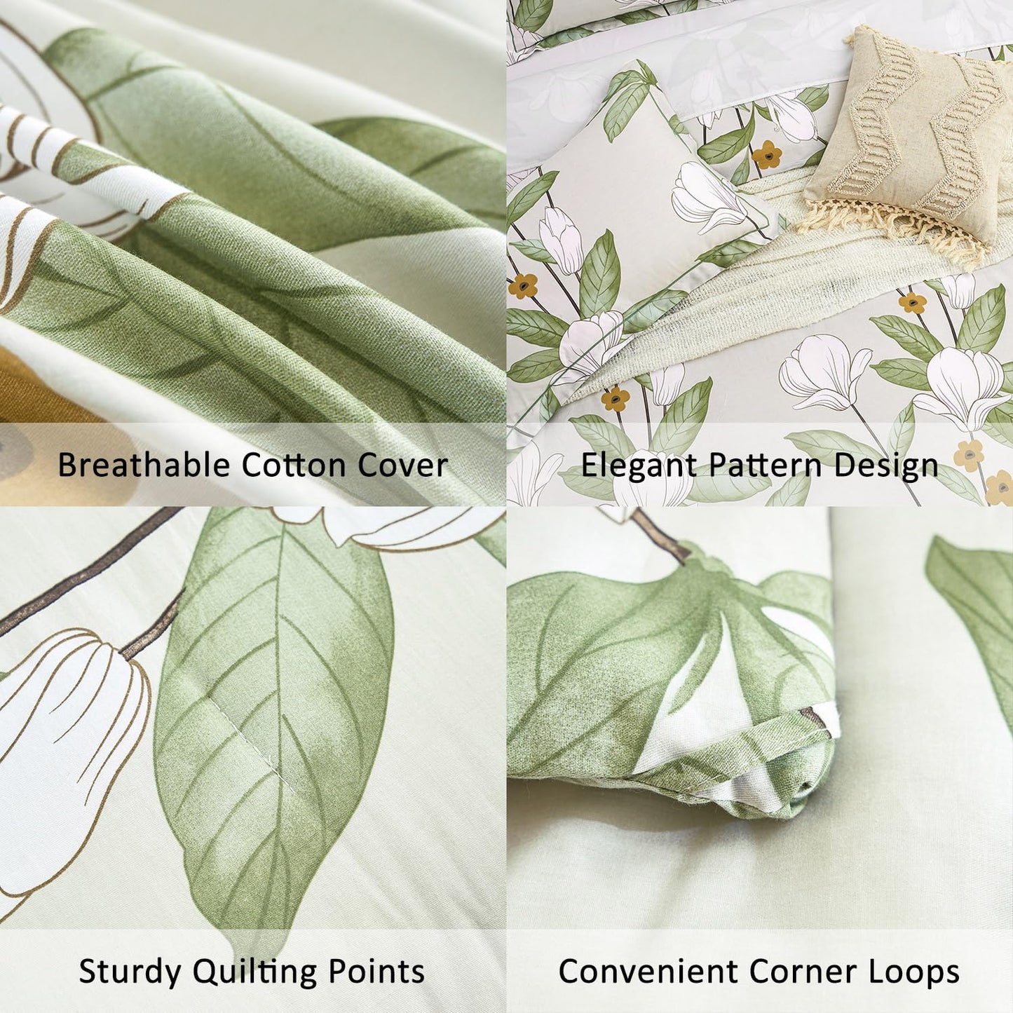 ALEISSEL Pale Moss Green Botanical Cotton Comforter King Size - 3PC Lightweight Bedding Sets with Ultra-Soft Alternative Fill, Floral Design with Leaf & White Magnolias (1 Comforter, 2 Pillowshams)