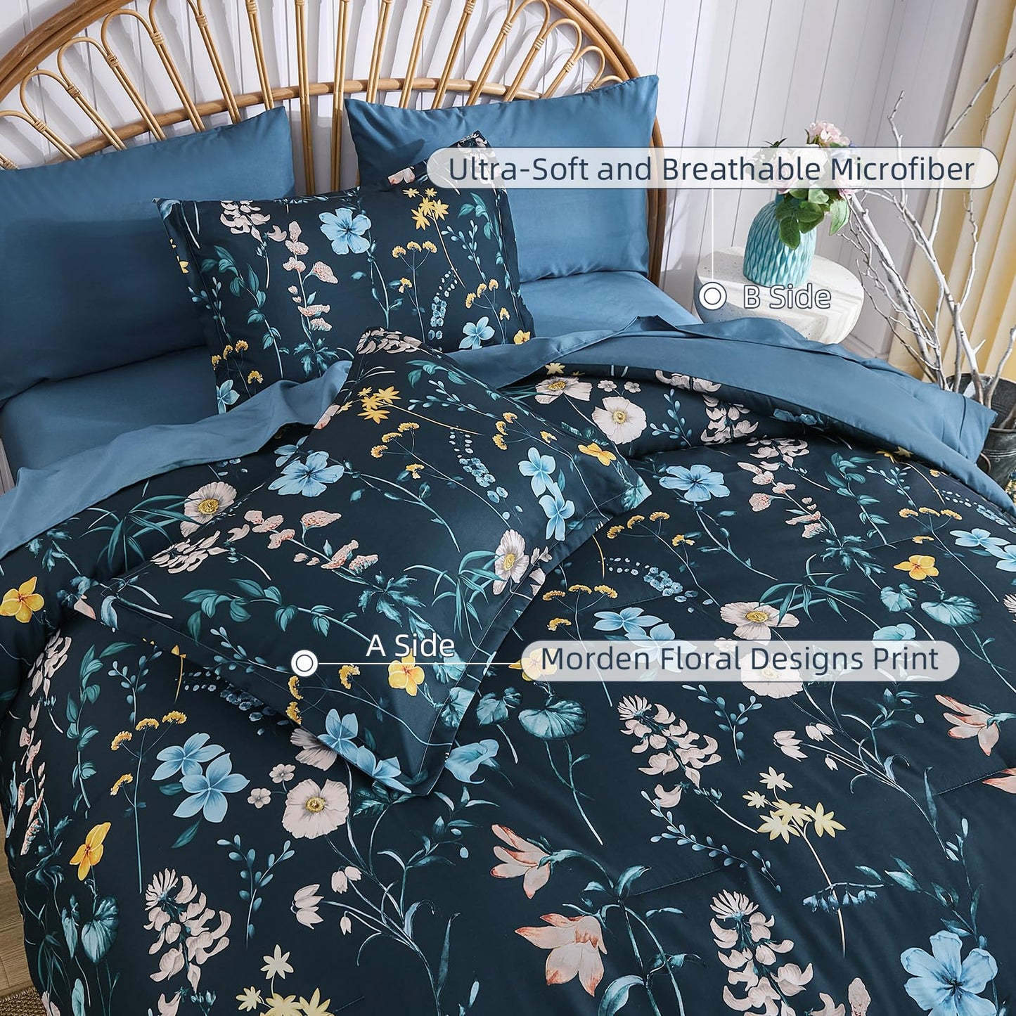 DJY Comforter Set King Size,Teal Blue Floral Bedding Comforter Sets,7 Pieces Bed in a Bag Lightweight Botanical Comforter Set with Sheets Pillowcases & Shams for All Seasons