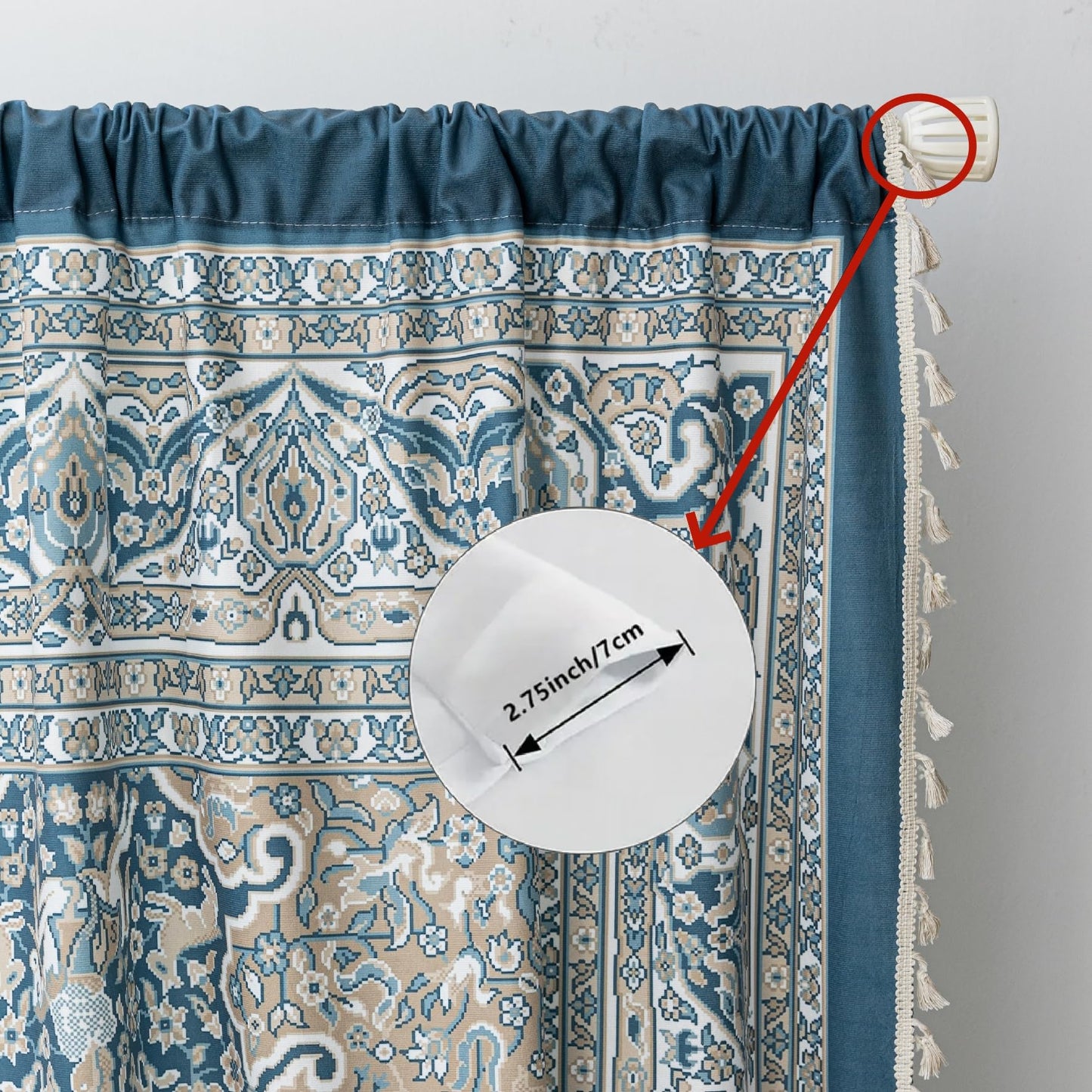 Erbnaryx Blue Medallion Curtains 72 Inches Long, Boho Farmhouse Light Filtering Rod Pocket Drapes with Tassel Trim for Bedroom Living Room, 2 Panels