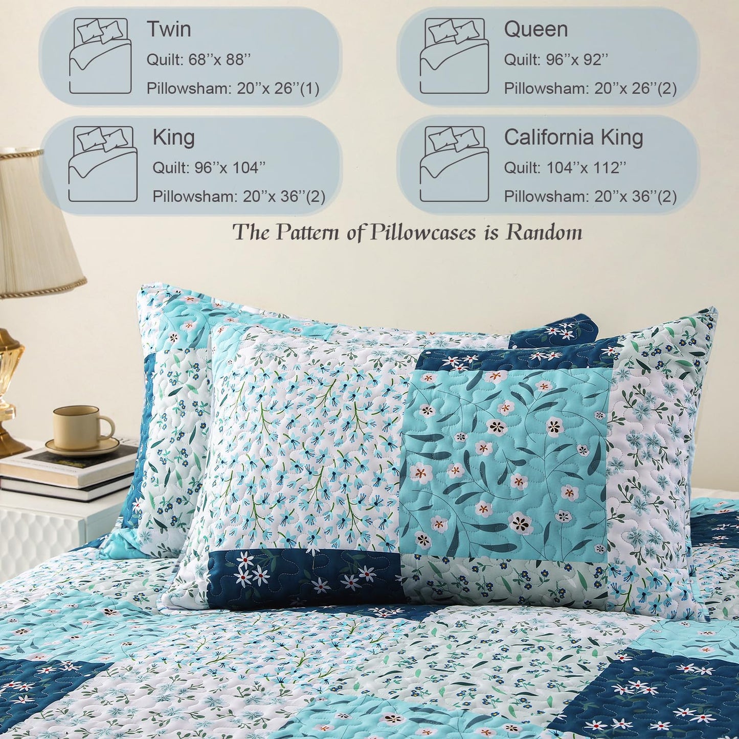 Whale Flotilla Patchwork Quilt King Size, Extra Soft Boho Floral Bedspreads for Bed Reversible Lightweight King Quilt Bedding Set Printed Coverlets with 2 Pillow Shams for All Seasons, Blue