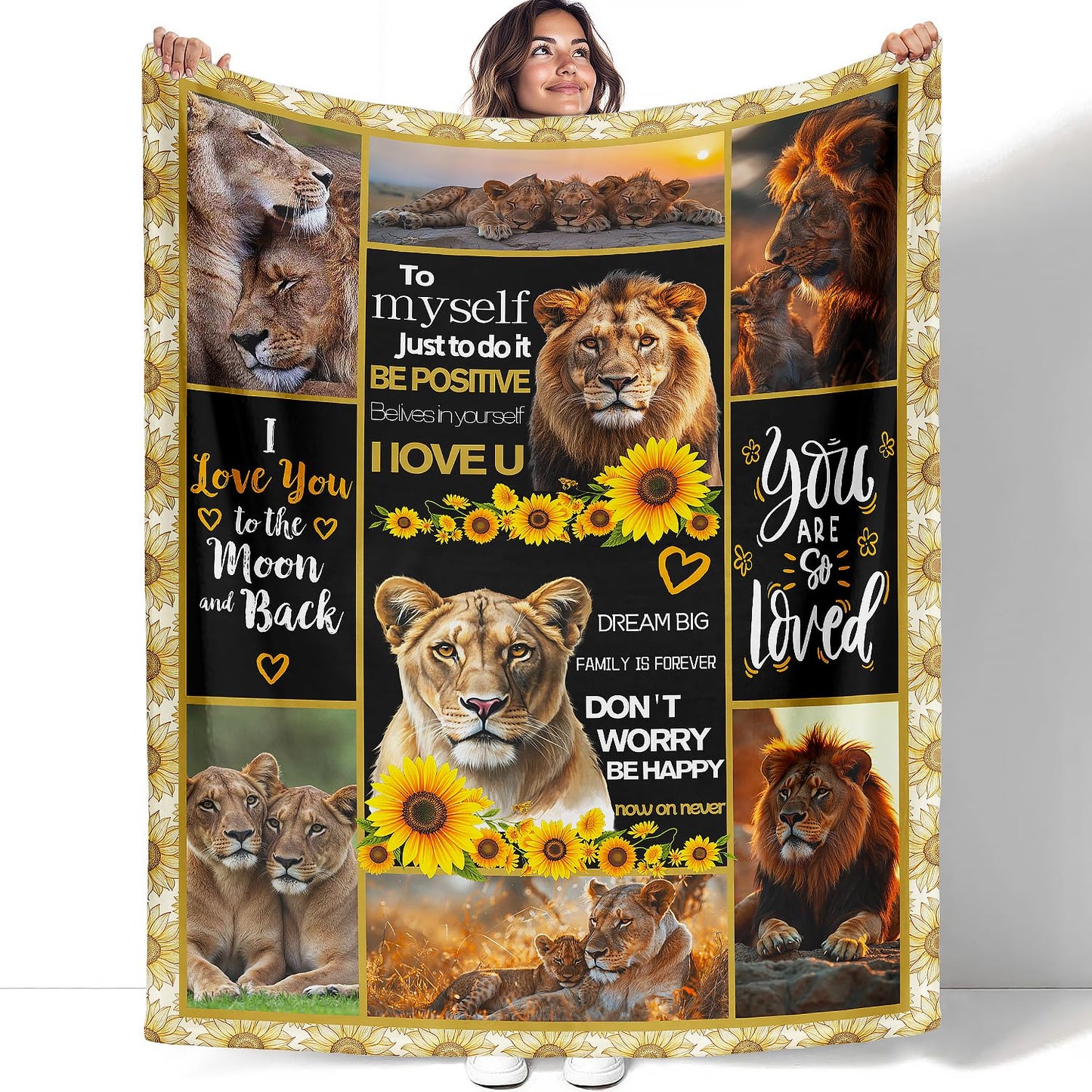 XSMEI Lion Throw Blanket, Sunflower Motivational Quotes, Soft Cozy Fleece Blanket for Couch Bed, 60 x 80 Inches