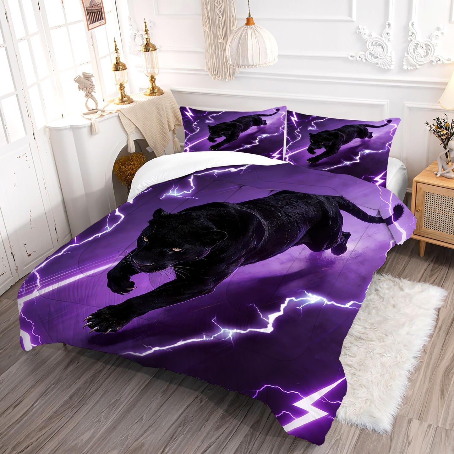 VTKON Purple Panther Comforter Set Full Size Lightning Black Leopard Bedding Set for Boys Teens Thunderbolt Cheetah Duvet Animal 3 Piece with 1 Comforter 2 Pillow Cases