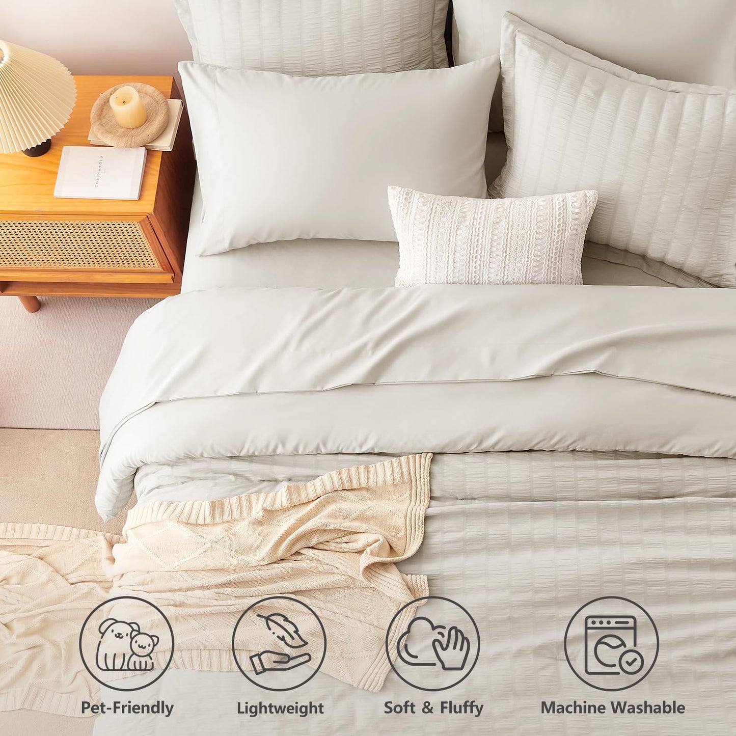 CozyLux Queen Comforter Set Beige, 7 Pieces Seersucker Textured Luxury Bed in a Bag Queen, All Seasons Soft Bedding Sets with Down Alternative Comforter, Sheets, Pillowcases & Shams, Home Gift