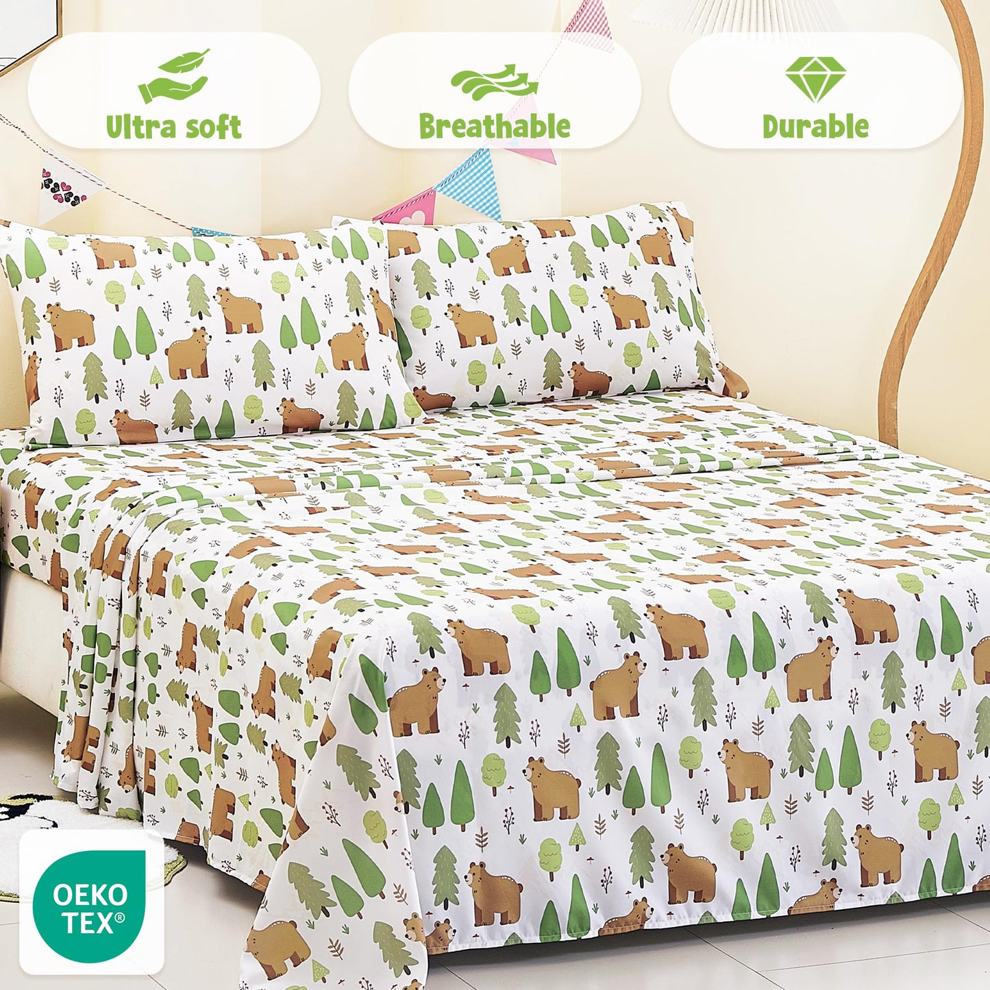 CozySmile Twin Sheet Set Kids,3 Pieces Breathable Soft Microfiber Bedsheets for Child Boys, Oeko-TEX, Anti Pilling Deep Pockets Easy Care Bed Sheets, Forest Bear