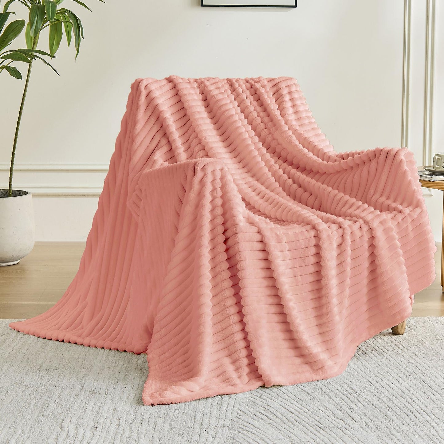 CHERAISA Throw Blanket for Couch - Flannel Fleece 3D Striped Ribbed Bed Blanket.Super Soft Blankets for Women Girls,Teacher Gifts Birthday Gifts Room Home Dorm Decor (Light Pink, Twin(60"x80"))