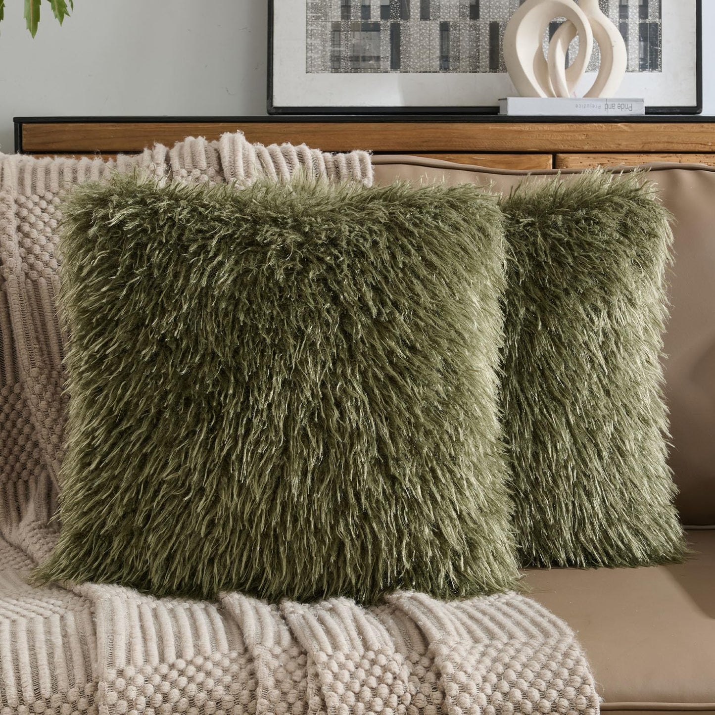 FUTEI Pack of 2 Shaggy Mongolian Faux Wool Throw Pillow Covers 18x18 Inch Soft Fluffy Farmhouse Decorative Cushion Case for Couch Bed Living Room, Olive Green
