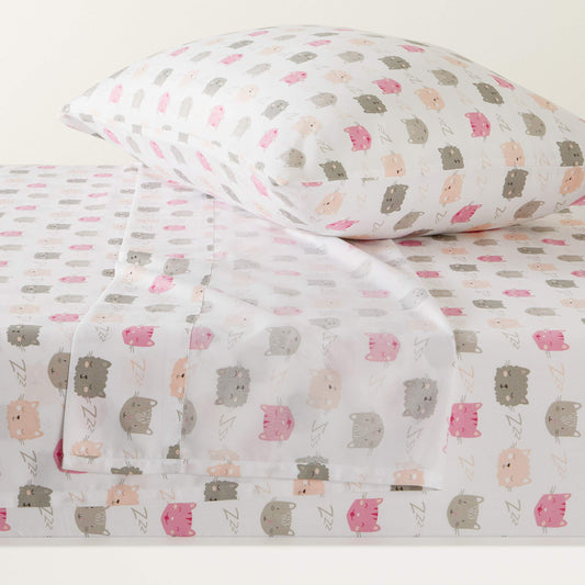 Amazon Basics Kid's Soft, Breathable, Easy-Wash Microfiber 3-Piece Sheet Set with Pillowcase, Twin, Peony Pink Kitties, Animal Print
