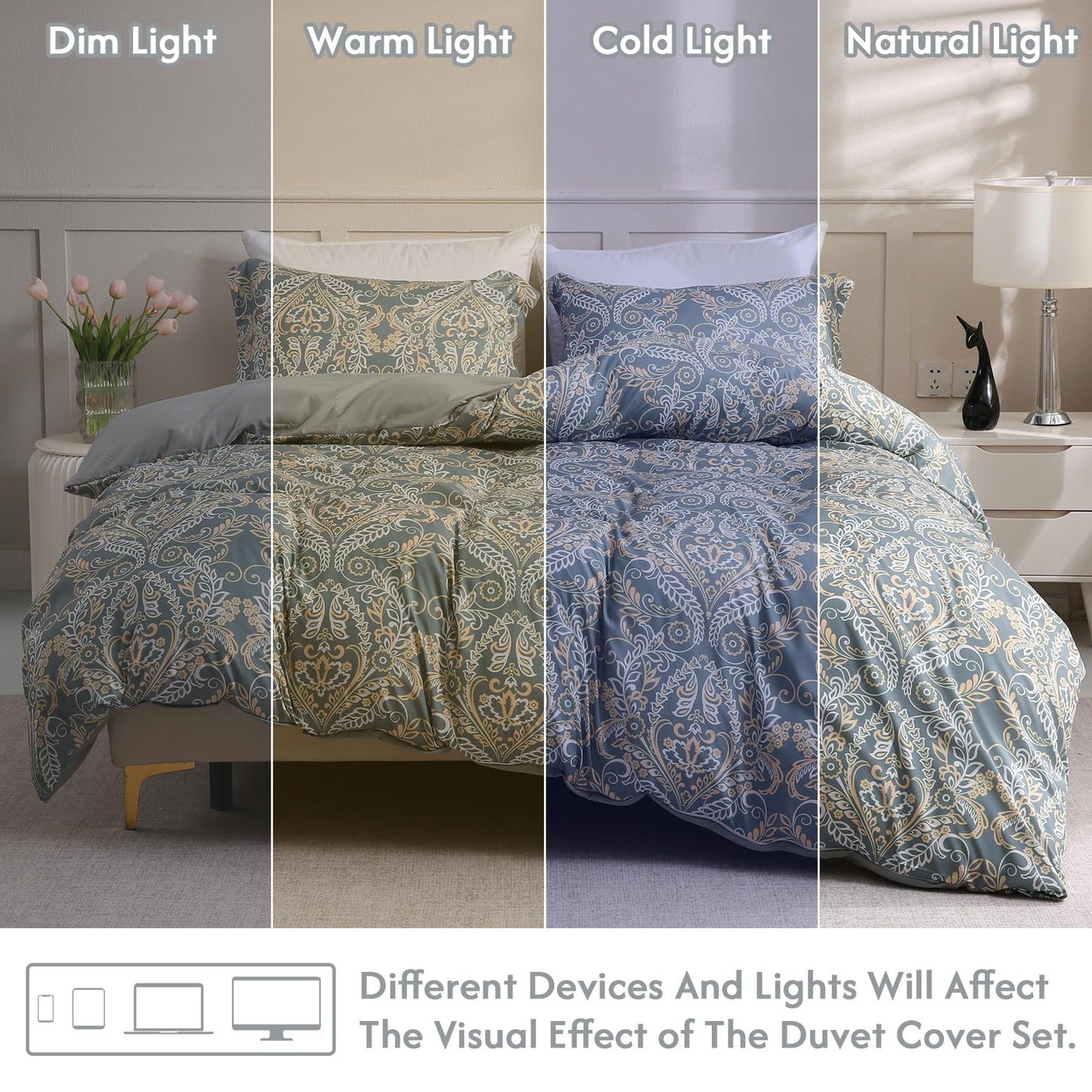 LONAVA Queen Paisley 3 Pcs Duvet Cover Set, Breathable Soft Microfiber Grey Lining Comforter Cover with Zipper Closure, and 2 Anti-Pilling, Fade Resistant Pillowcases, Green Pasliey