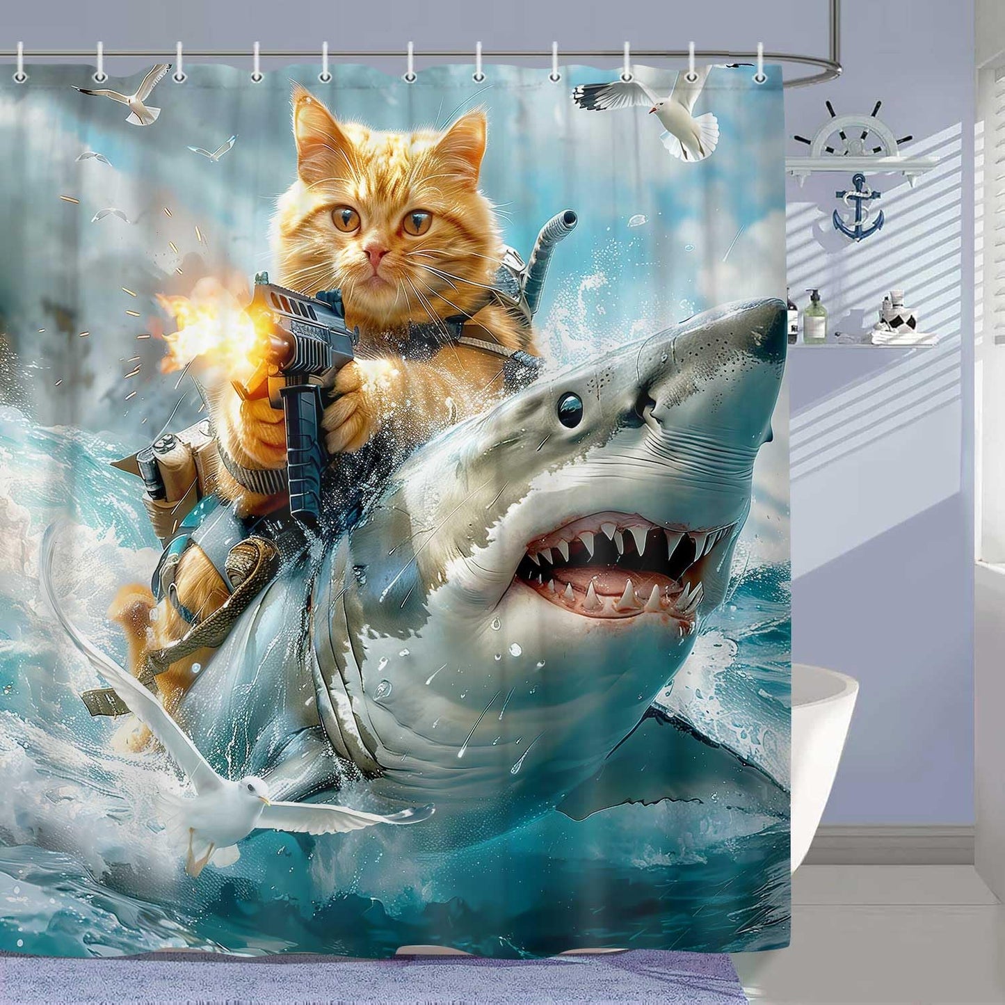 JAWO Funny Cat Shower Curtain, Riding Shark Theme Ocean Nautical Kids Bathroom Decor, Cute Cool Cat Fabric Curtain With Hooks, 70x70IN