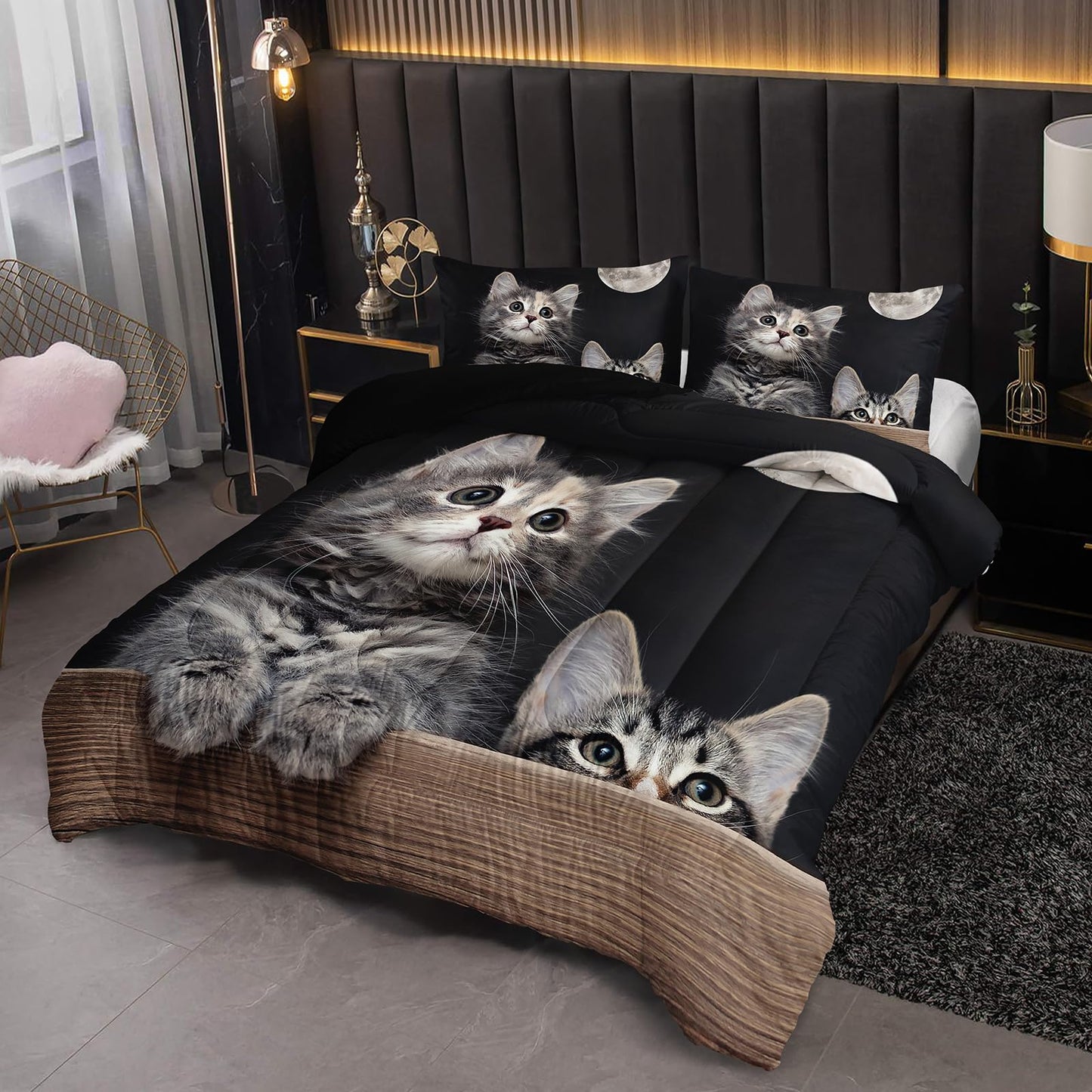 Nttopship Kids Cute Cat Comforter Bedding Set Twin,Grey Kawaii Pet Cat Bedding Set 3 Piece for Teens Kids Boys Girls Adults Animals Pattern Room Decor Soft Comforter with 2 Pillowcases