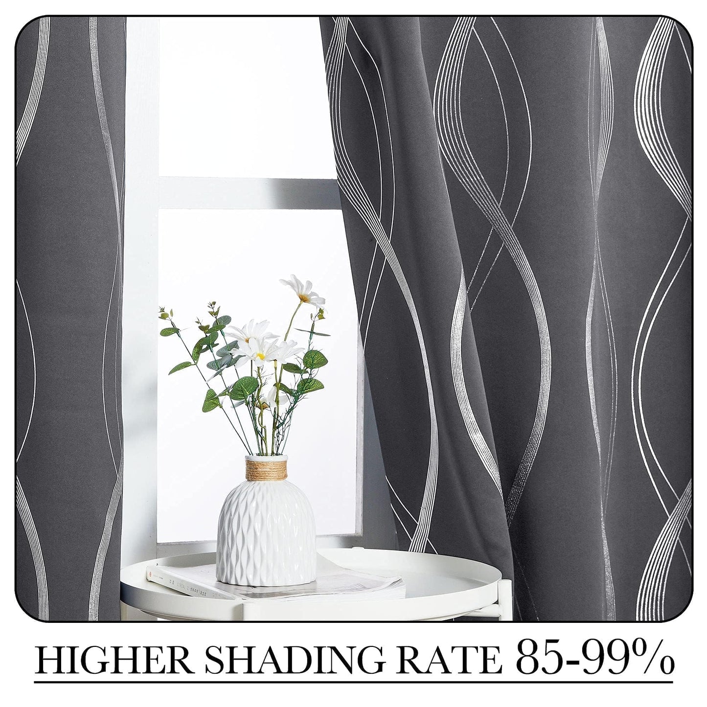 NICETOWN Grey Blackout Striped Pattern Curtains for Living Room 84 inch Long 2 Panels Set, Noise Reducing Thermal Insulated Wave Line Foil Print Bedroom Drapes for Patio Sliding Glass Door (52 x 84)
