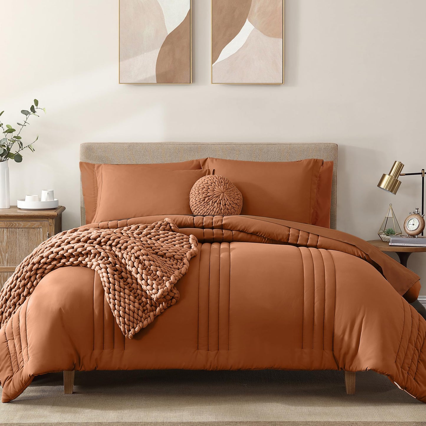 Monbix Queen Comforter Set - 7 Pieces Burnt Orange Bed in a Bag Queen Bedding Sets with Comforters, All Seasons Comforter Bed Set with Sheets, Pillowcases & Shams