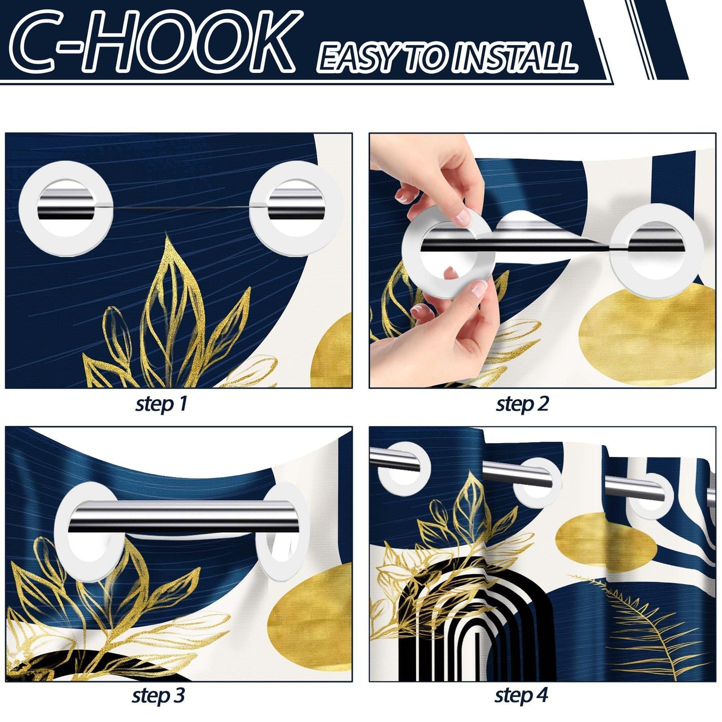 Bxpaitx Navy Blue Hookless Shower Curtain with Snap in Liner Set, Boho Dark Blue and Gold No Hook Shower Curtains for Mens Bathroom, Liner with Magnets, Waterproof Cloth Fabric, 71" W x 74" L