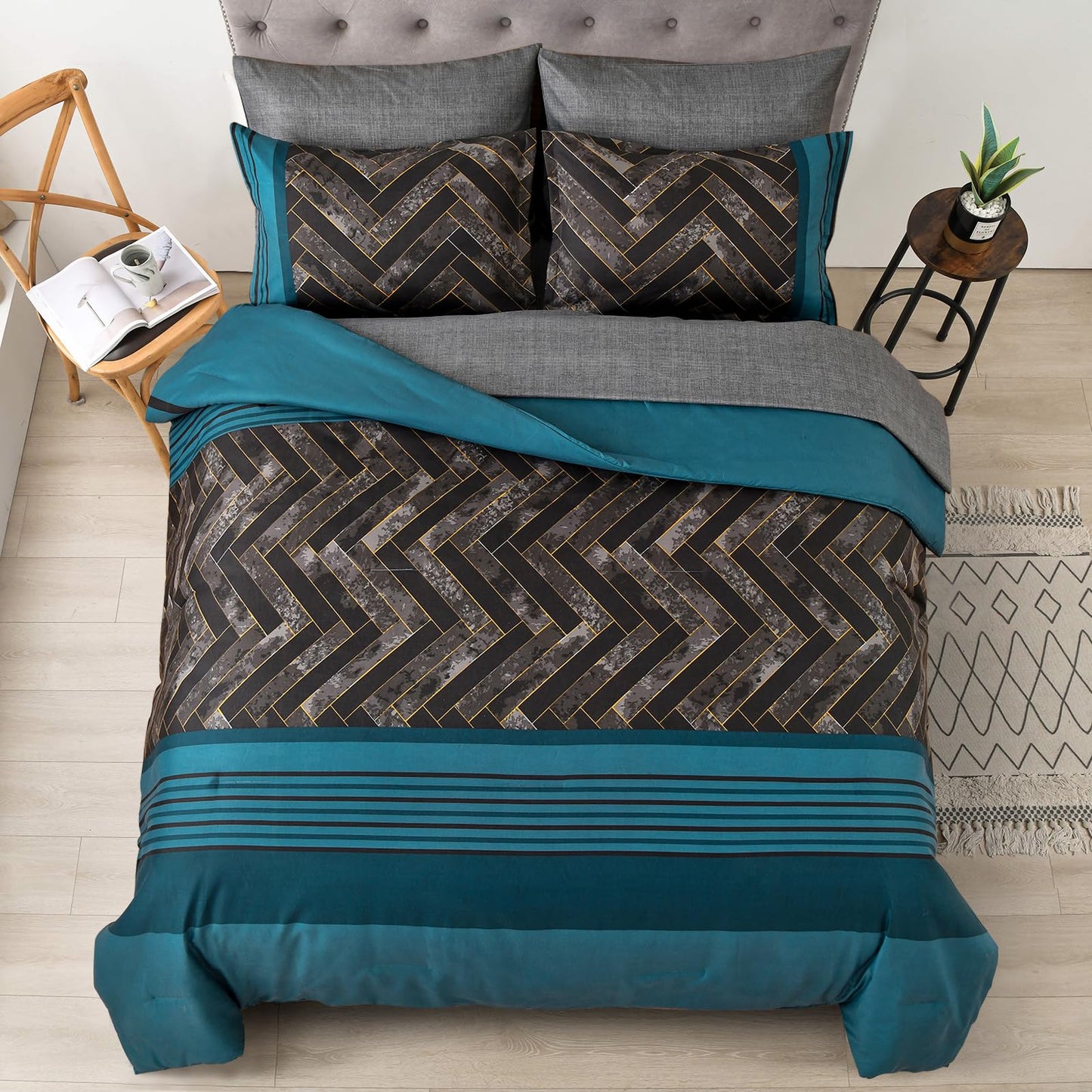 Luxudecor Teal Blue Comforter Set King Size, 7 Pieces Blue and Black Stripe Bed in a Bag, Geometric Comforter and Sheet Set, Soft Microfiber Complete Bedding Sets for All Seasons