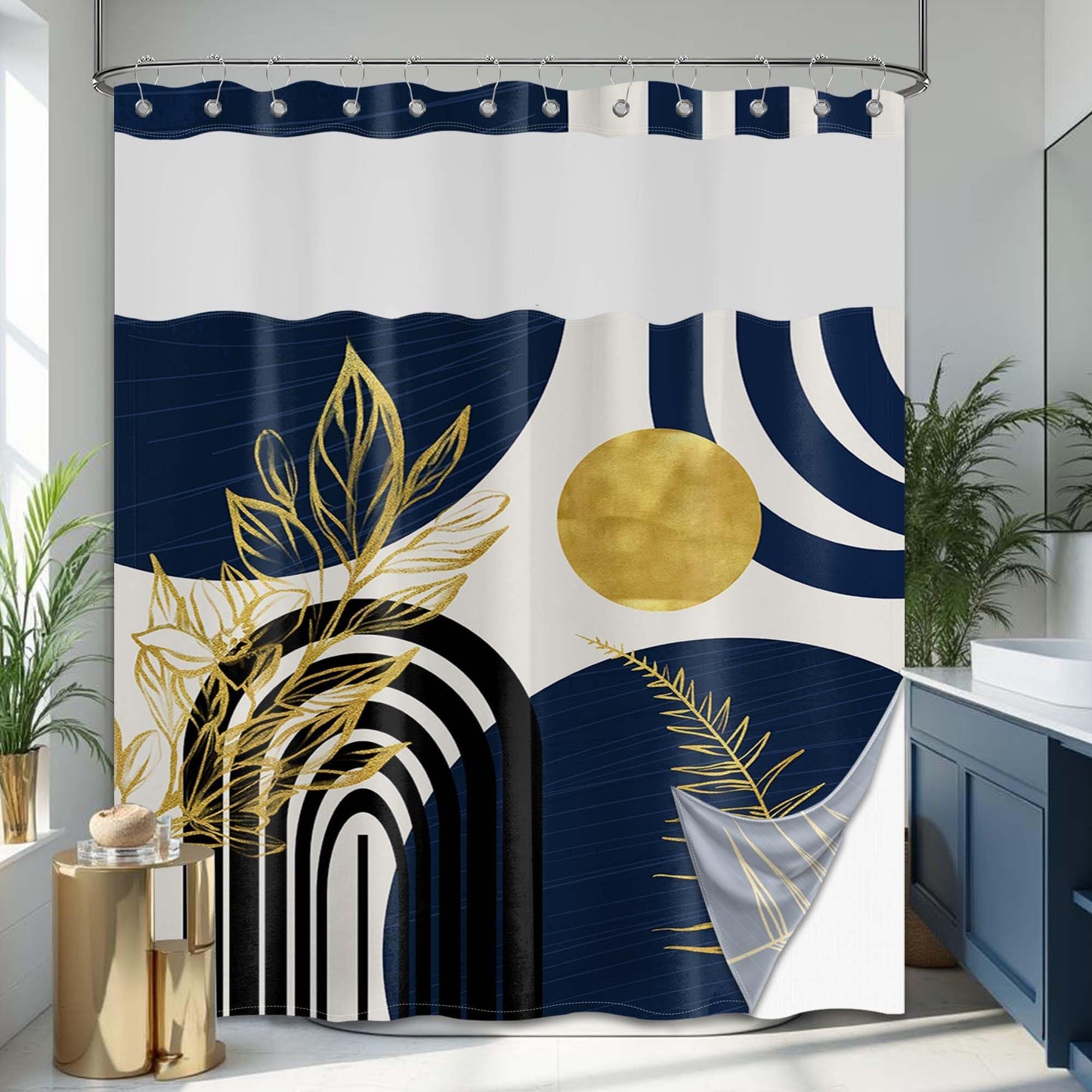 Bxpaitx Navy Blue See Through Mesh Top Shower Curtain with Window, Boho Dark Blue and Gold Double Layer Mens Shower Curtains with Snap in Liner with Magnets, Waterproof Cloth Fabric with Hooks 71x72in