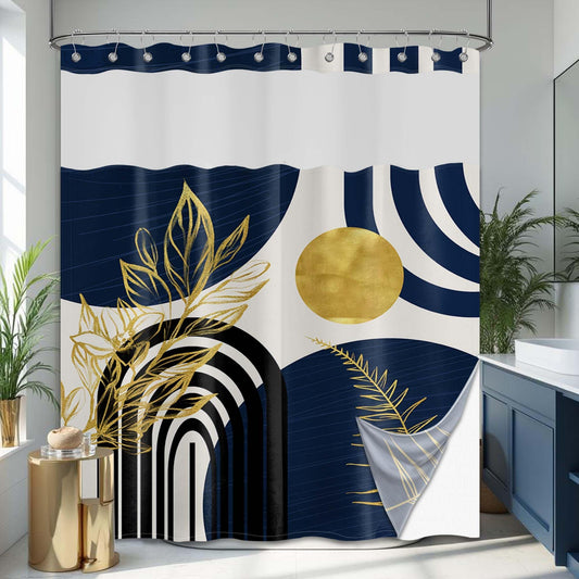 Bxpaitx Navy Blue See Through Mesh Top Shower Curtain with Window, Boho Dark Blue and Gold Double Layer Mens Shower Curtains with Snap in Liner with Magnets, Waterproof Cloth Fabric with Hooks 71x72in