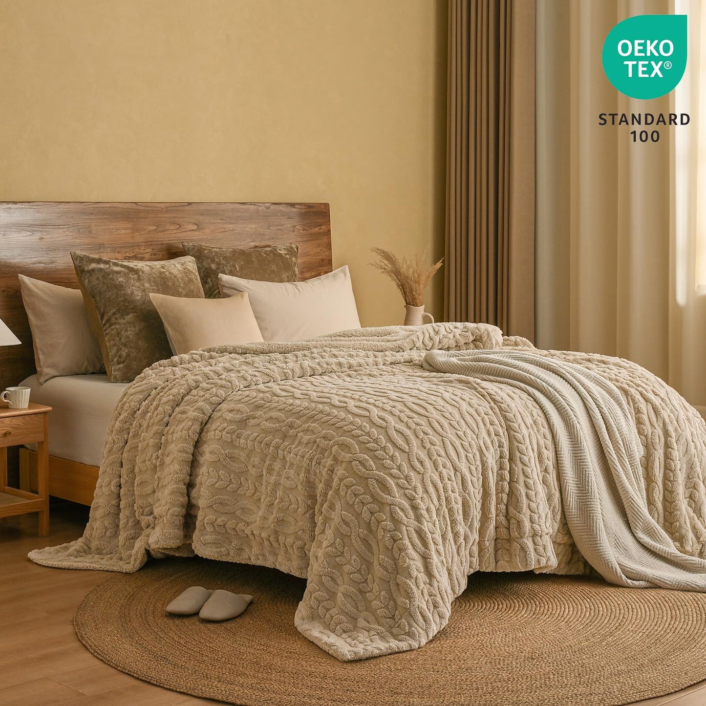 PHF Ultra Soft Sherpa Fleece Blanket Queen Size 90" x 90", 510GSM Fleece Lightweight Yet Warm Blanket for Winter Bed, No Shedding, No Pilling, Tufted Jacquard for Luxury Home Decor, Khaki