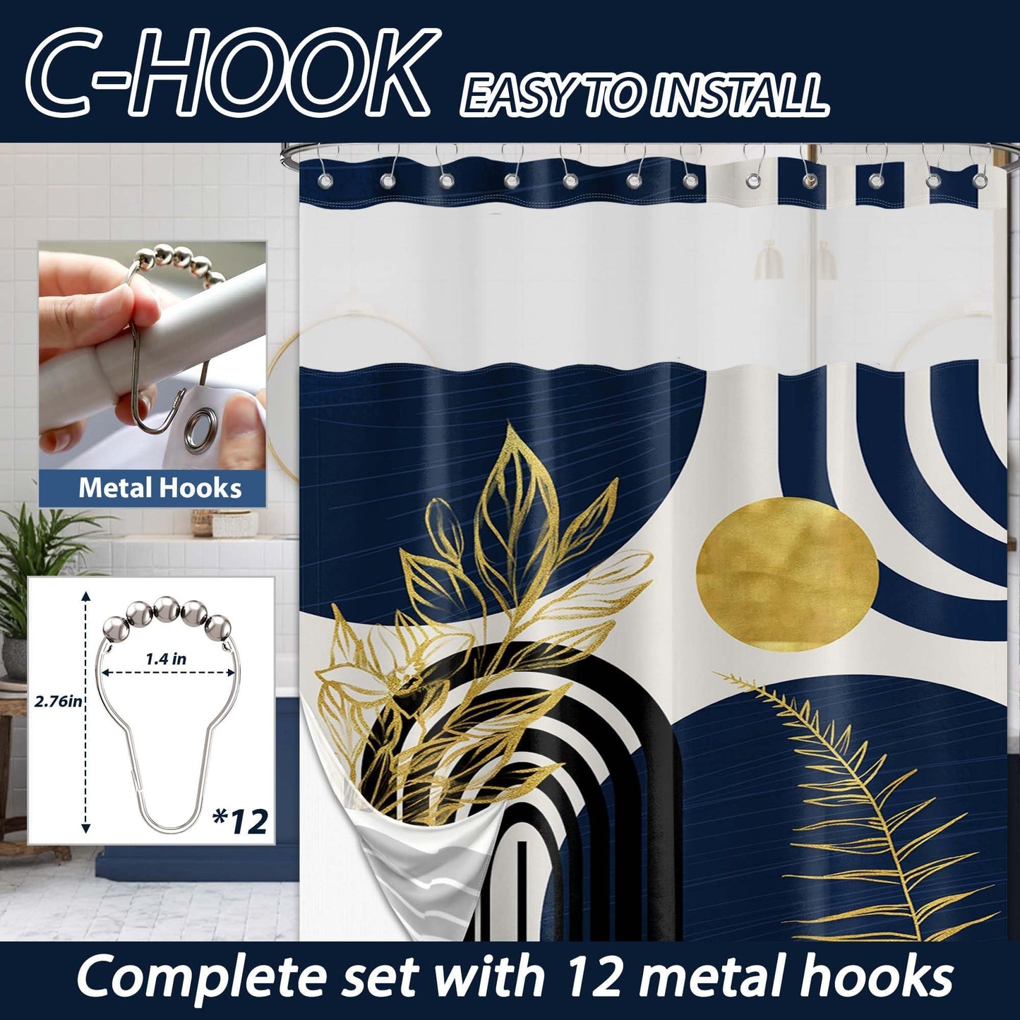 Bxpaitx Navy Blue See Through Mesh Top Shower Curtain with Window, Boho Dark Blue and Gold Double Layer Mens Shower Curtains with Snap in Liner with Magnets, Waterproof Cloth Fabric with Hooks 71x72in