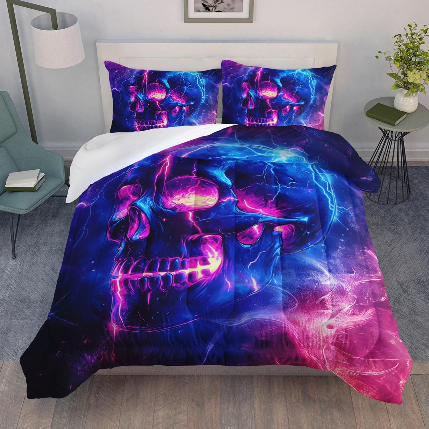 QOOMO 3Pcs Gothic Skull Comforter Set Twin,Skeleton Bedding Set for Teens Boys Girls,Purple Galaxy Printed Comforter with 2 Pillowcases,Down Alternative,Soft and Lightweight