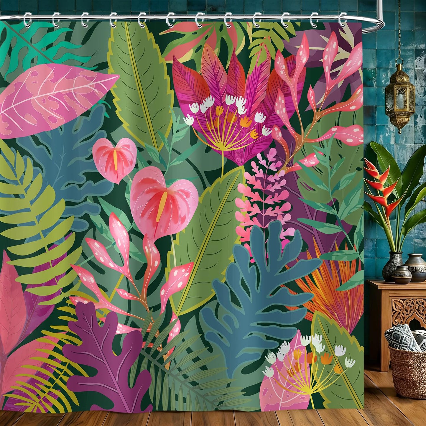 Boho Tropical Floral Shower Curtain, Green and Pink Colorful Botanical Leaf Nature Asthetic Shower Curtains Set, Modern Art Dark Polyester Fabric Shower Curtains for Bathroom with Hooks 72X72IN