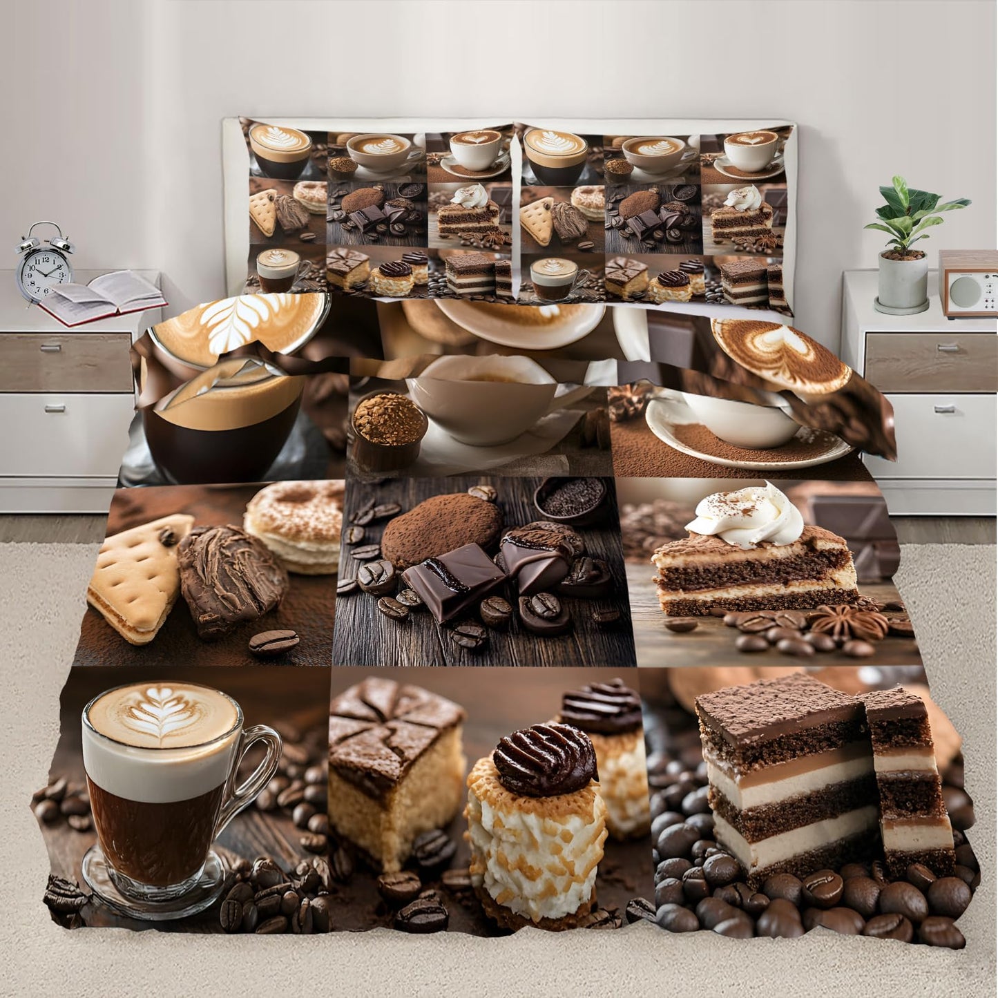 PAISUOQ Coffee Duvet Cover Queen Size, European Retro Bedding Sets, 3 Piece, Soft Microfiber Patterned Comforter Cover with Zipper Ties & 2 Pillowcase, Cafe Restaurant Bedroom Decor & Gifts