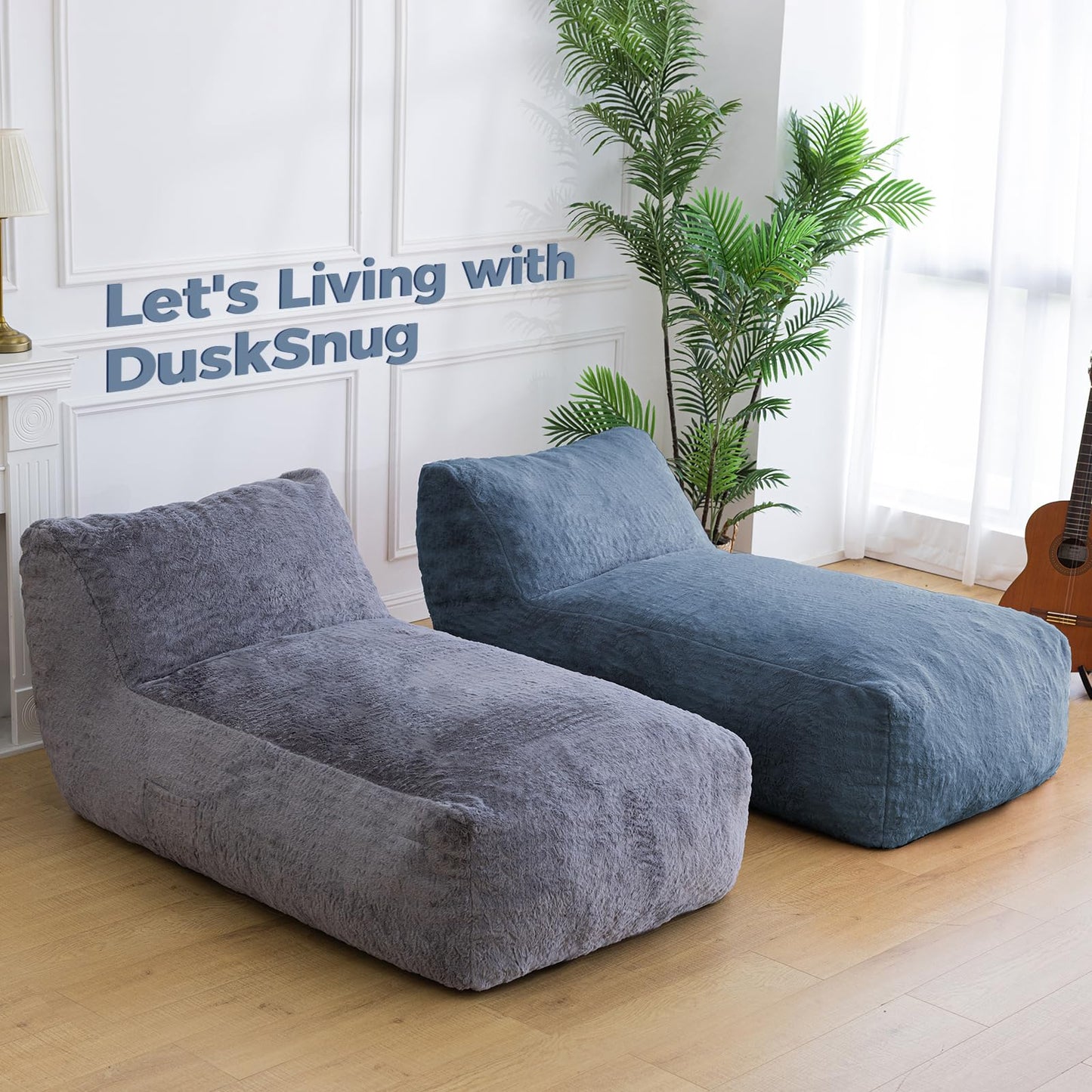 Giant Bean Bag Chair for Adults (59"x34"), Big Faux Fur Plush Bean Bag Lounger, Large Memory Foam Lounger Chair with Pockets for Living Room, Bedroom & Dorm (Bluegrey)