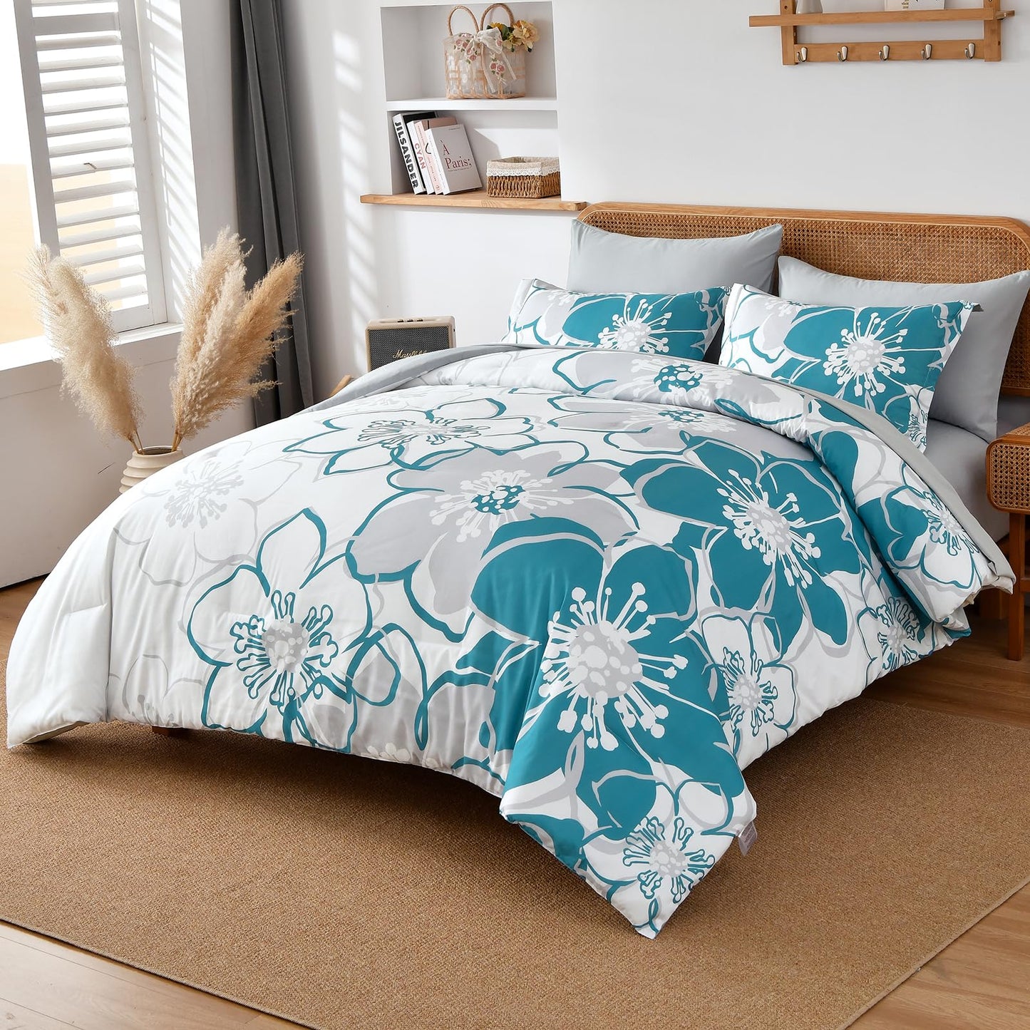 Anibedding Teal Floral Comforter Set Queen Size 7 Piece, Teal Blue Flower Bed in a Bag, Elegant Botanical Floral Comforter Soft Microfiber Complete Bedding Set for All Season, (Teal, 90"x90")
