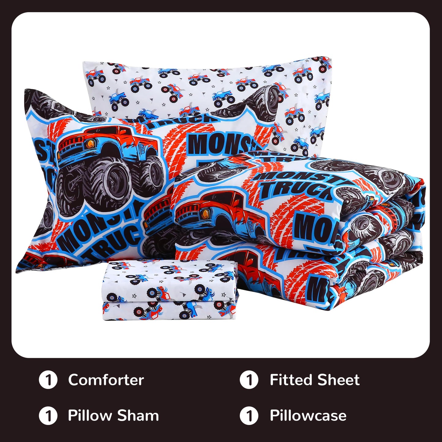 Viviland Kids Twin Bedding Sets for Boys, Soft Twin Comforter Set with Sheets, 5 Pieces Microfiber Bed in a Bag, Monster Truck