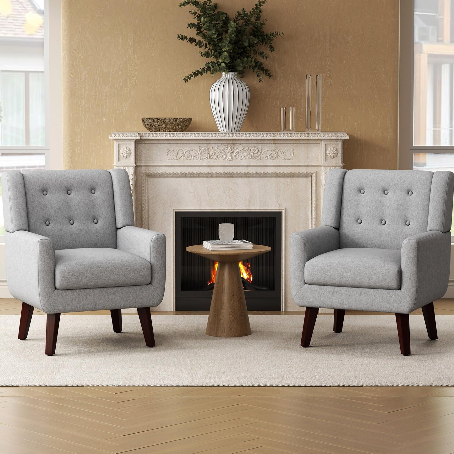 FaFaSoGoodFa Linen Fabric Living Room Chairs, Accent Chair, Mid Century Modern Armchair for Living Room, Bedroom Button Tufted Upholstered Comfy Reading Sofas,Vanity Chair (2, Light Grey)