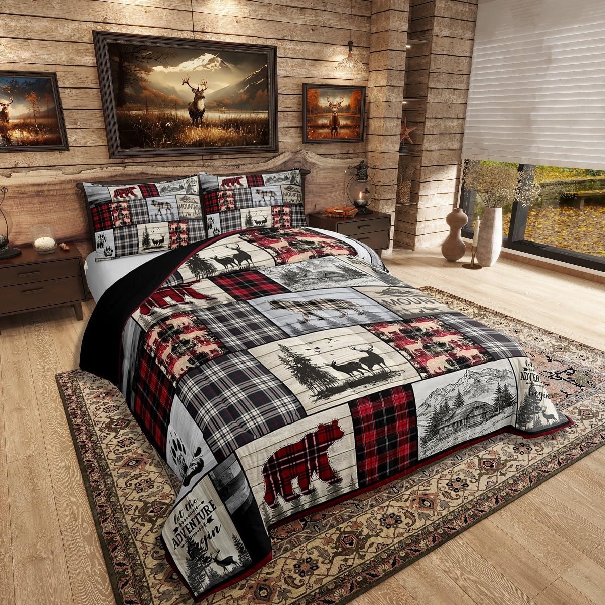 Rustic Cabin Comforter Set Queen Woodland Wolf Deer Bear Comforter For Kids Adults,Red Black Buffalo Plaid Bedding Set Wildlife Camping Lodge Mountain Quilt Bedding Southwestern Farmhouse Decor