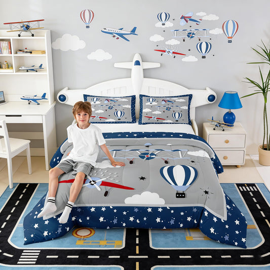 Airplane Bedding Set Twin Size for Kids Boys Bedroom Decor,Cartoon Aircraft Comforter Sets Teens Quilts Hot Air Balloon Cloud Starry Moon Bedding Chic Grey Navy Blue Duvet Insert,1 Pillowcase